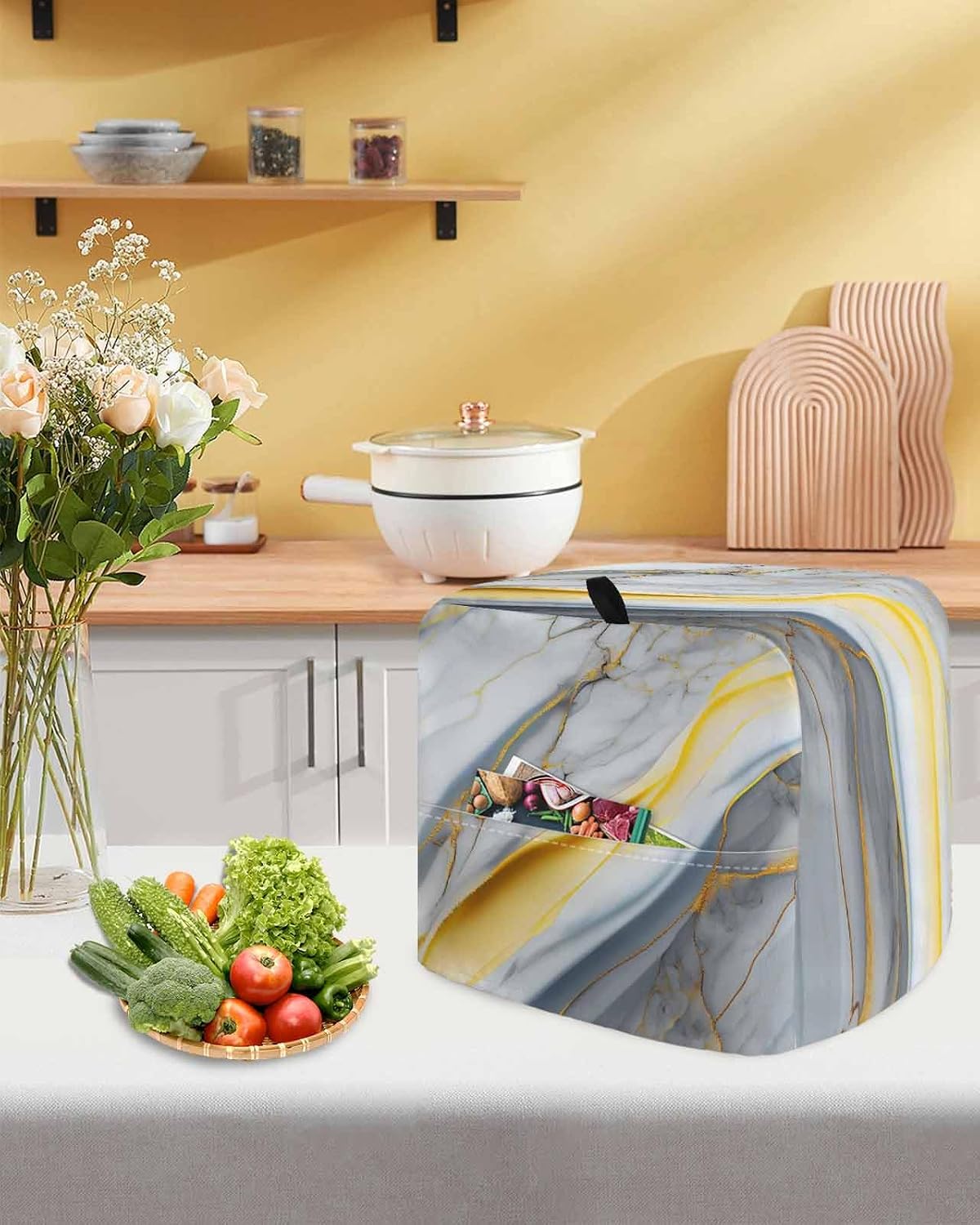 Grey Marble Stand Mixer Cover with Storage Pocket, Waterproof Kitchen Mixer Covers, Modern Abstract Gold Ombre Aesthetic Art Kitchen Appliance Dust Cover Compatible with 6-9 Quart Mixers