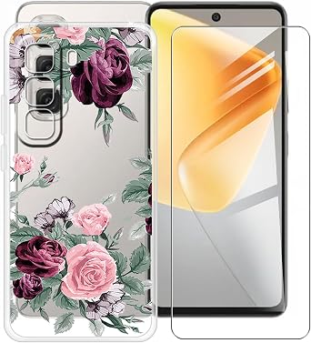Clear Case for Infinix Hot 50 Pro 4G 6.78" with 1 x Tempered Glass Screen Protector, Slim Soft TPU Shockproof X Anti-Scratch Phone Cover for Infinix Hot 50 Pro 4G - Red Rose