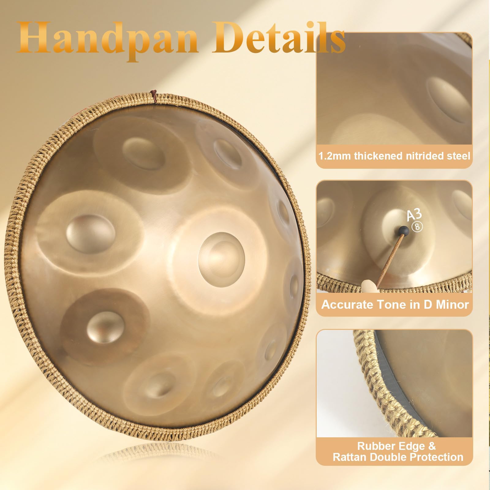 Handpan Instrument,9/10 Töne 22 Zoll Zungentrommel Stahltrommel in D-Moll Kurd 432/440 HZ mit weicher Tasche, Harmonic Percussion,Trommelständer für Sound Healing, Meditation (432hz, 10Töne)