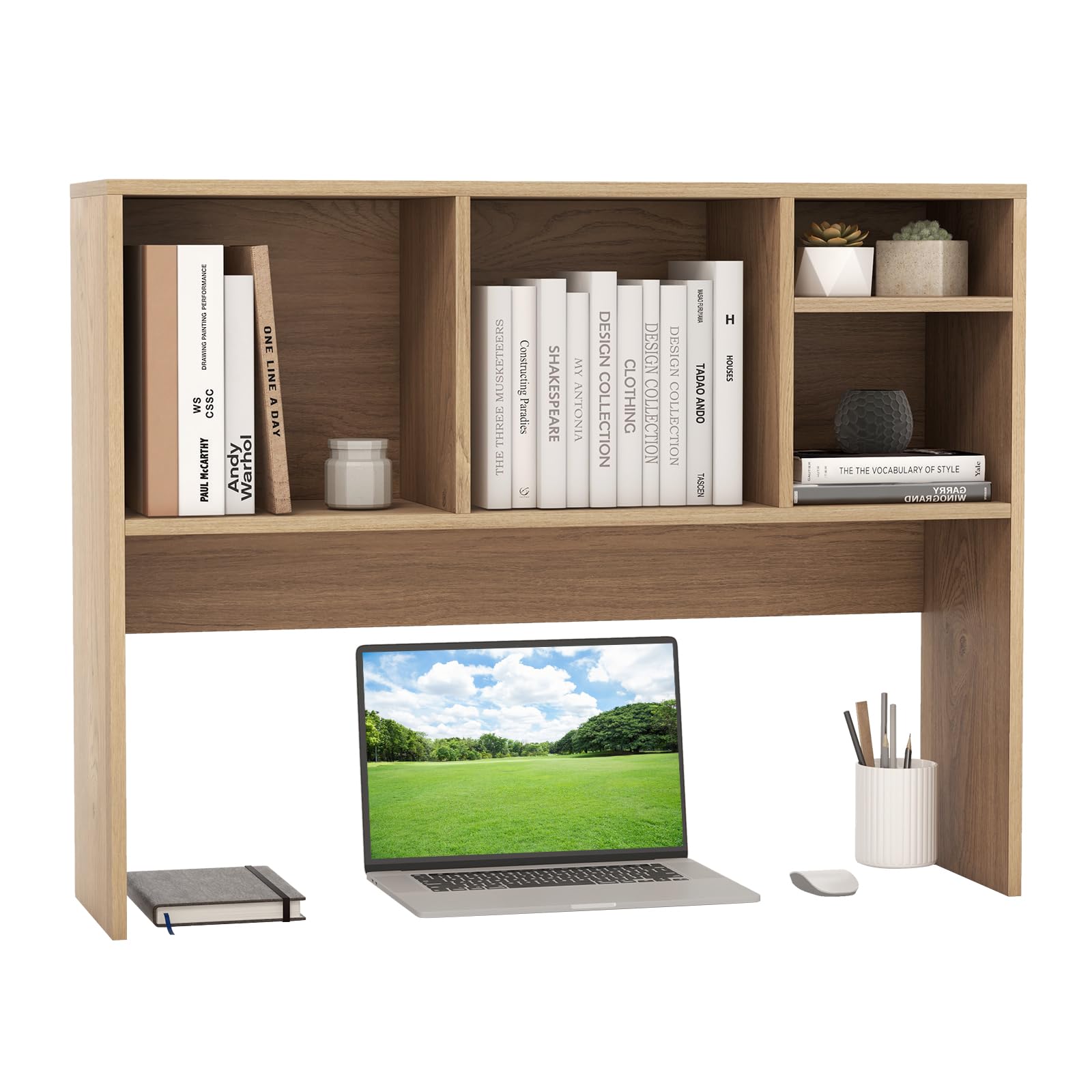 GOPLUS Etagere Bureau a Poser en Bois avec Plusieurs Tablettes, 94 x 25 x 73 CM Organiseur de Bureau avec 4 Compartiments Ouvert, Dispositif Anti-Basculement (Naturel, 94 x 25 x 73 CM|4 Bacs)