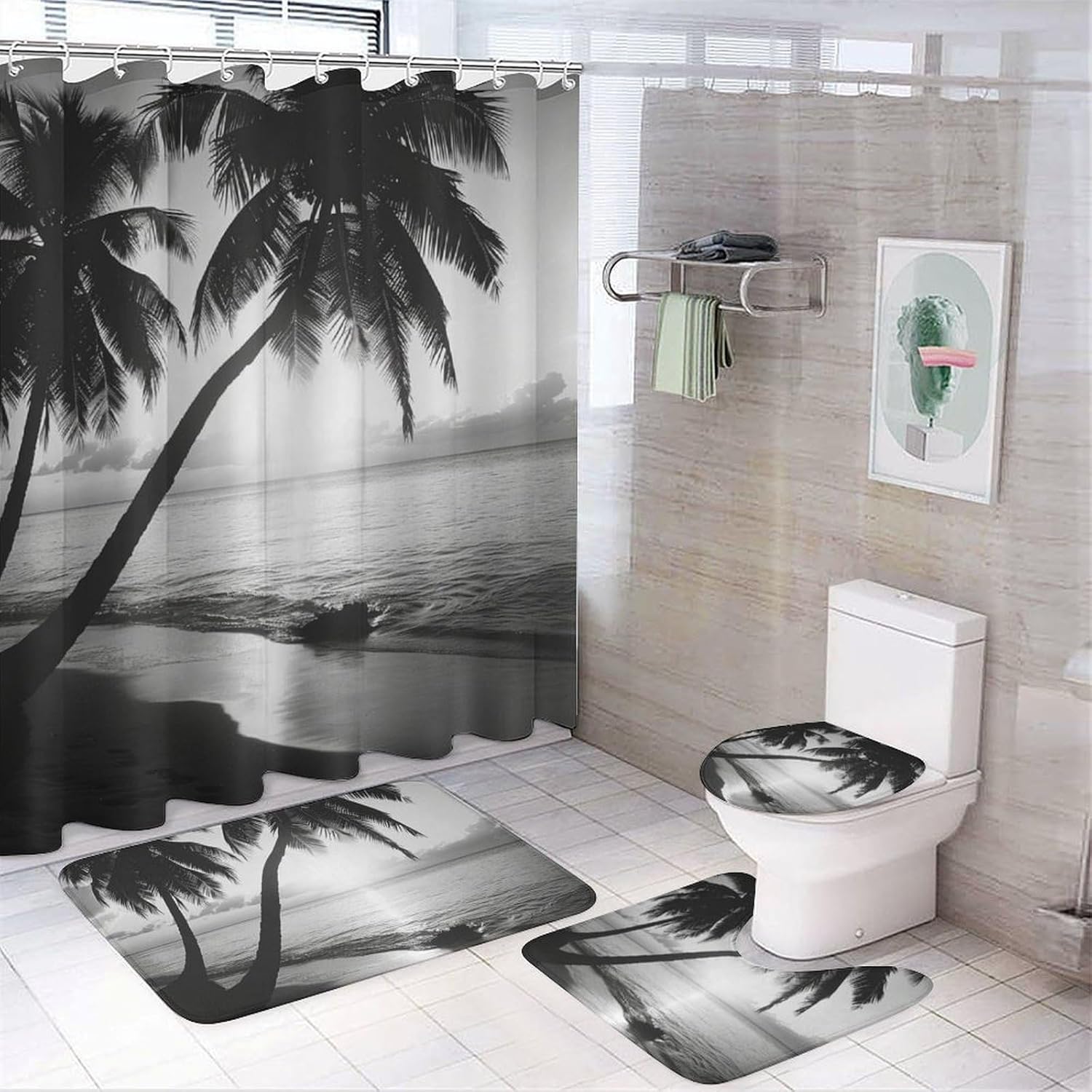 4Pcs Ocean Beach Shower Curtain Set with Rugs, Toilet Lid Cover and Bath Mat, Tropical Palm Tree Plants Sea Waves Bathroom Curtains Decor Shower Curtains, 72" x 72"