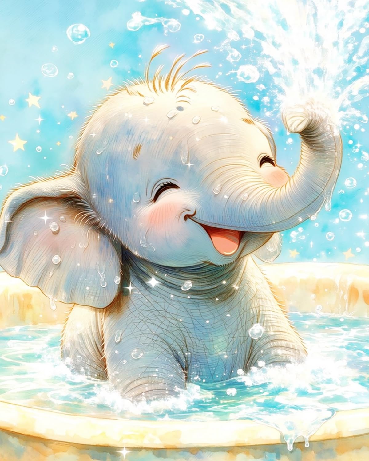 Liubaishi Multicolour Paint By Numbers For Adults, Baby Elephant Playing In Water, 16X20 Inch, Acrylic On Canvas, With Brushes
