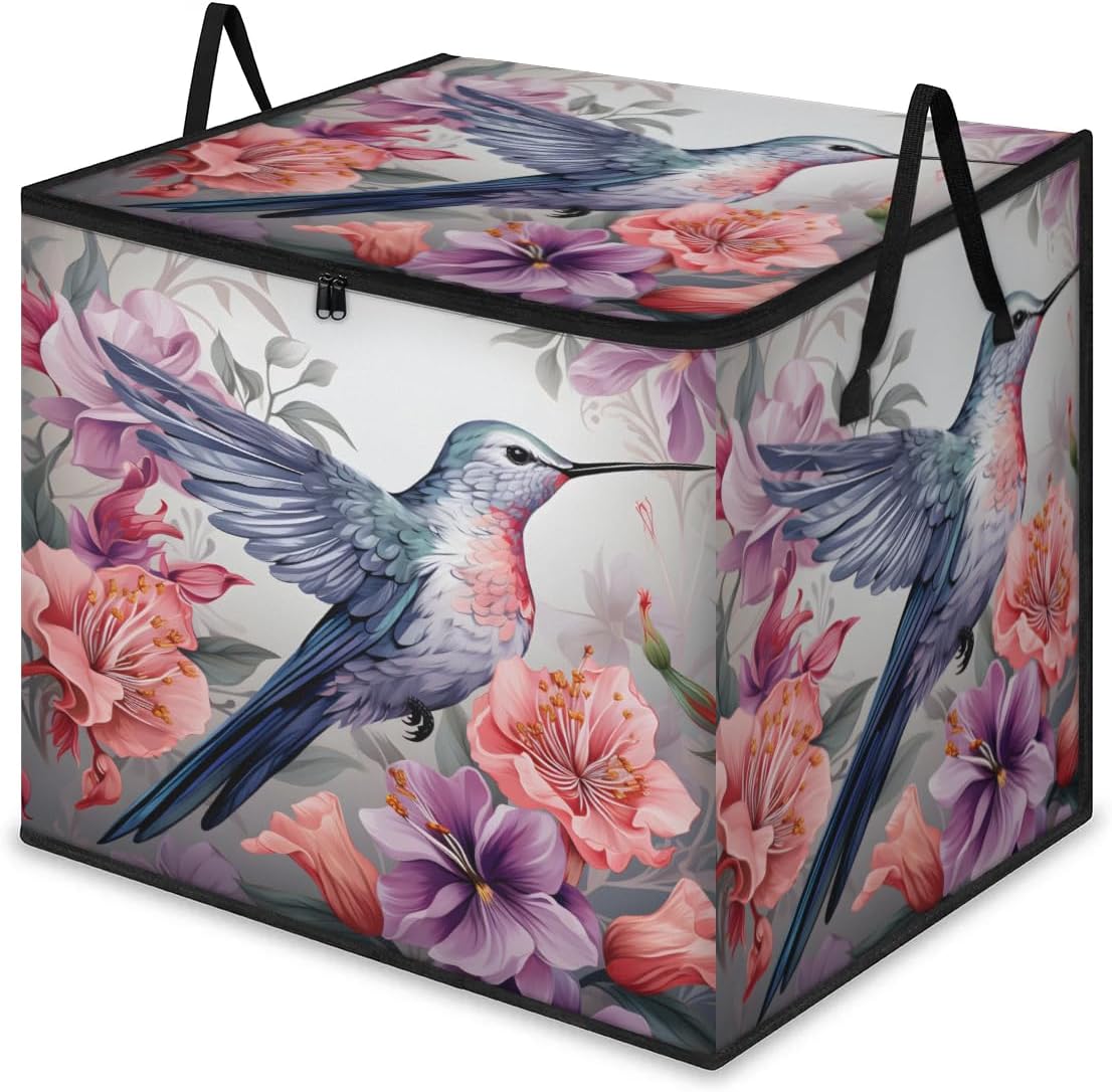 Honeybaby 214L Extra Large Comforter Storage Bag Hummingbird Flowers Storage Totes with Lids Waterproof Closet Organizer Folding Blanket Storage Bags for Clothes Bedding Pillows