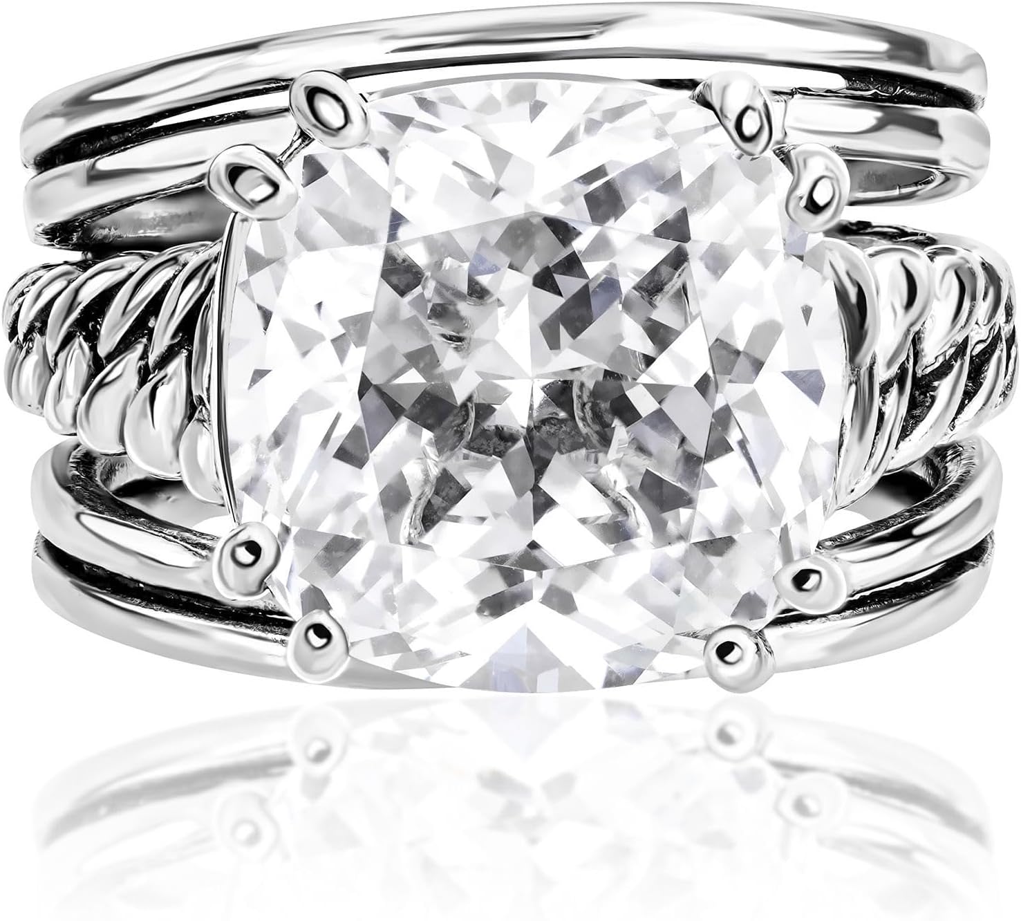 JEAN RACHEL JEWELRY 925 Sterling Silver Ring - Curb Chain Vintage Design with Cushion Shaped Cubic Zirconia - Hypoallergenic, Lead & Nickel Free - Artisan Handcrafted Statement Rings for Women - Image 3