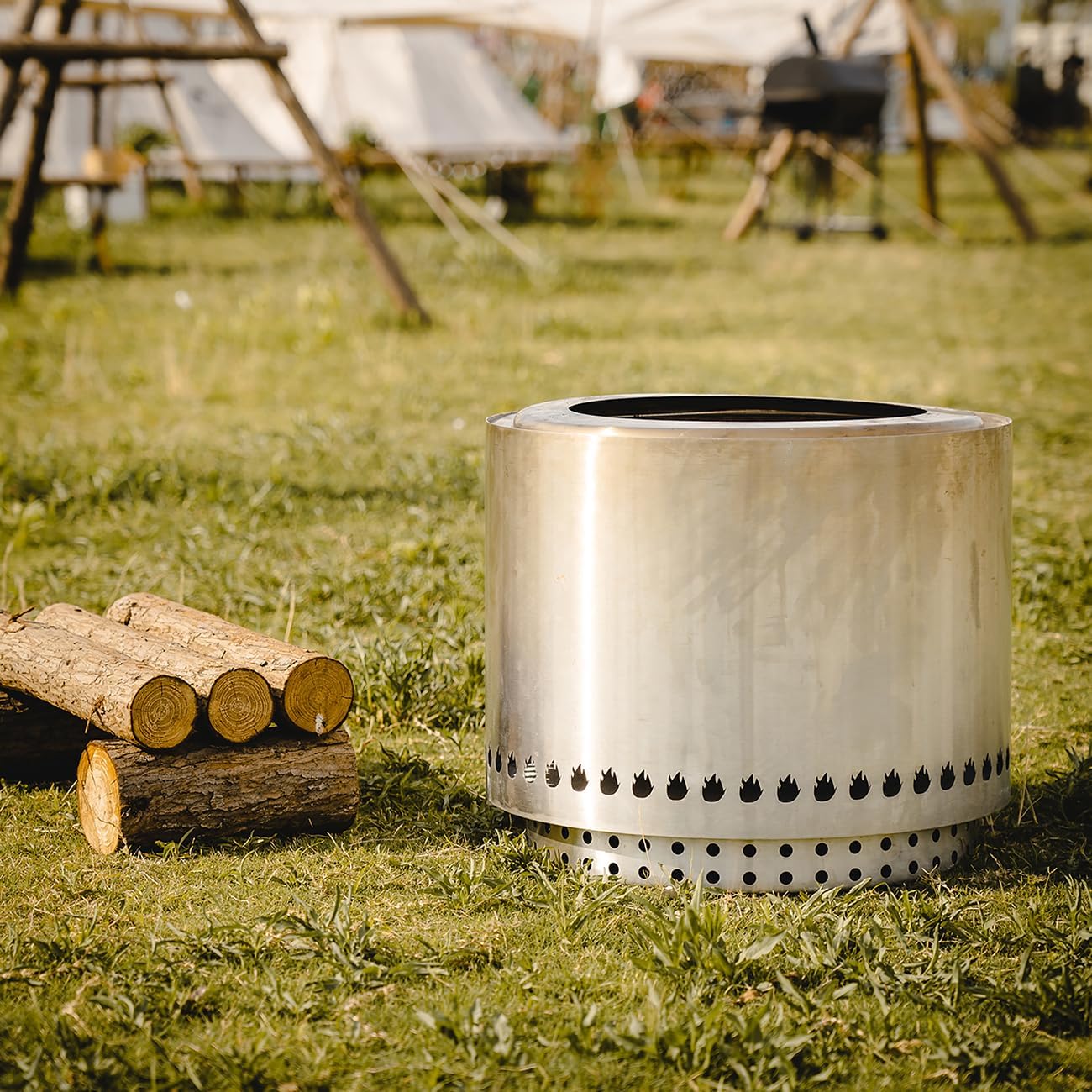 biosp 19.5" Smokeless Fire Pit Outdoor Wood Burning Portable Firepit Stainless Steel with Stand Cover & Carry Case Silver Backyard Outdoor for Cooking Camping Picnic BBQ Patio Deck