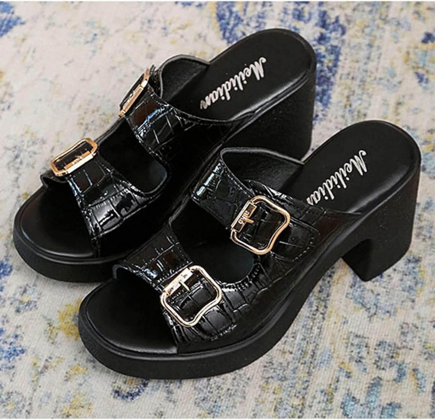 [DOZOGU] クロコダイル柄 サンダル チャンキーヒール レディース レザーサンダル エナメル オープントゥ ハイヒール 滑り止