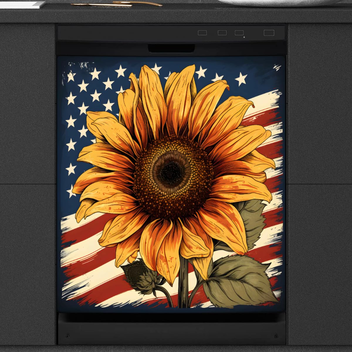 Dishwasher Magnet Cover 4th Of July American Flag Sunflower Reusable Dishwasher Magnetic Cover Sticker Decorative Dish Washer Door Cover Panel for Home Kitcen Appliance