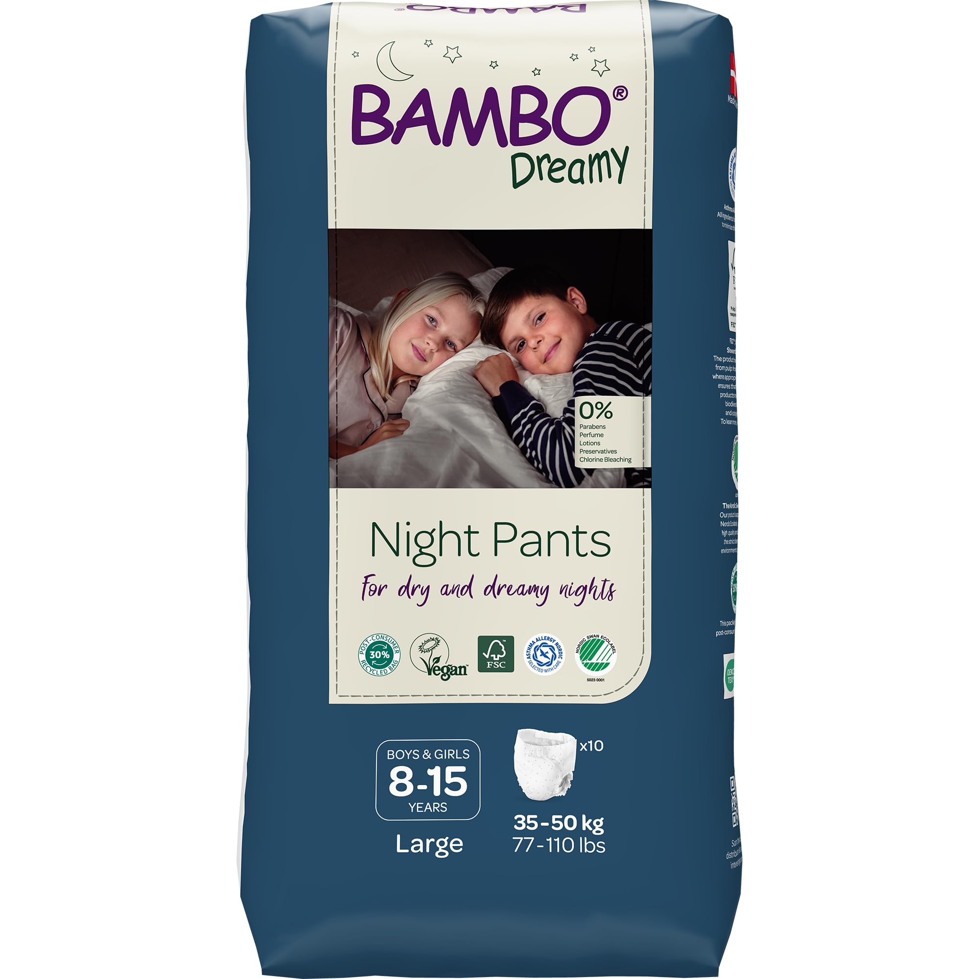 Bambo Nature Dreamy Night Pants Windeln (Kinder im Alter von 8–15 Jahren, 35–50 kg), 10 Stück Klimmzughosen, Öko-Windeln halten Betten die ganze Nacht trocken, Klimmzug-Trainingsnadel, sicher, bequem