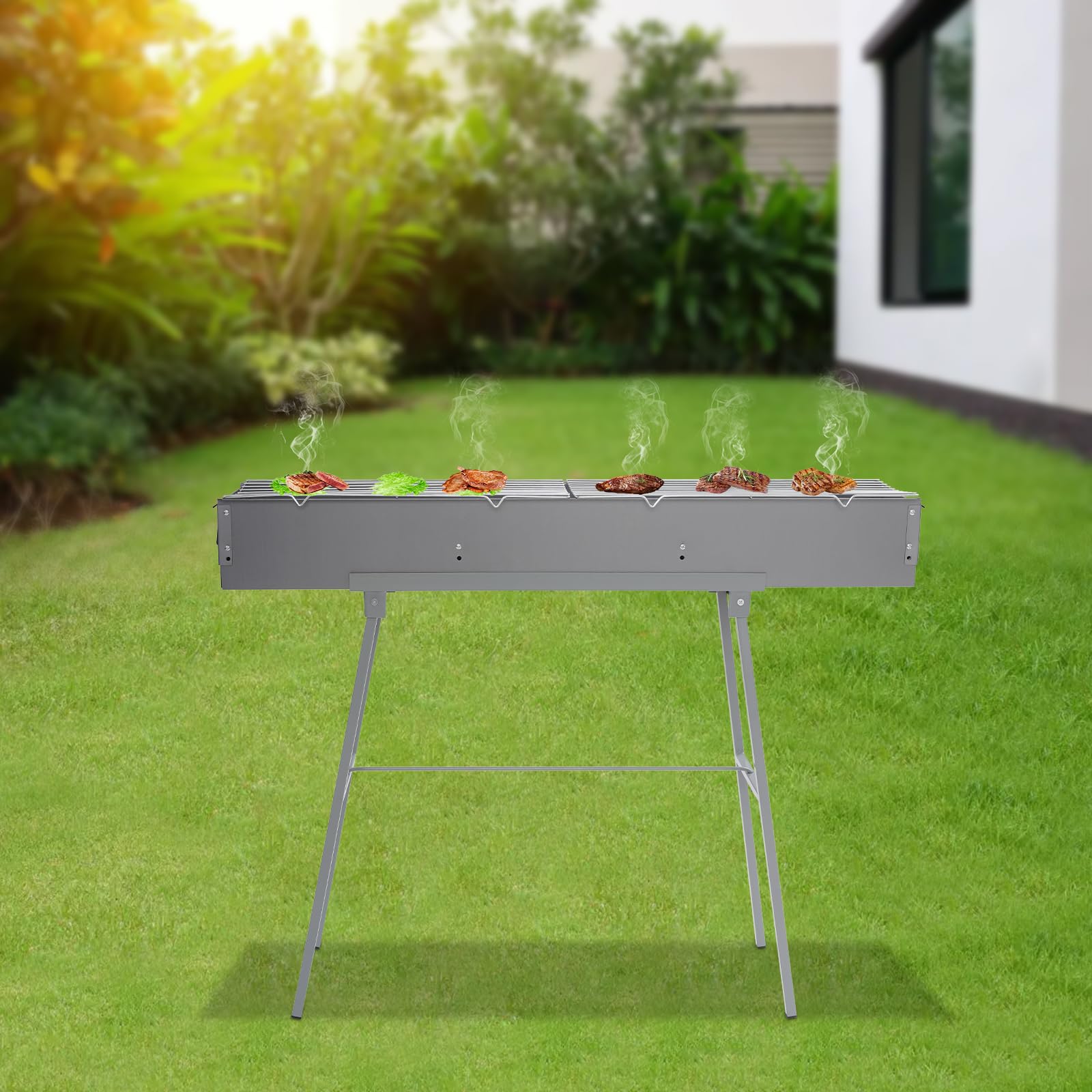 Barbecue a carbonella portatile in metallo con griglia pieghevole | portata 40 kg e sportello d'aria regolabile per campeggio, picnic, giardino | Include maniglia per il trasporto e griglia rimovibile
