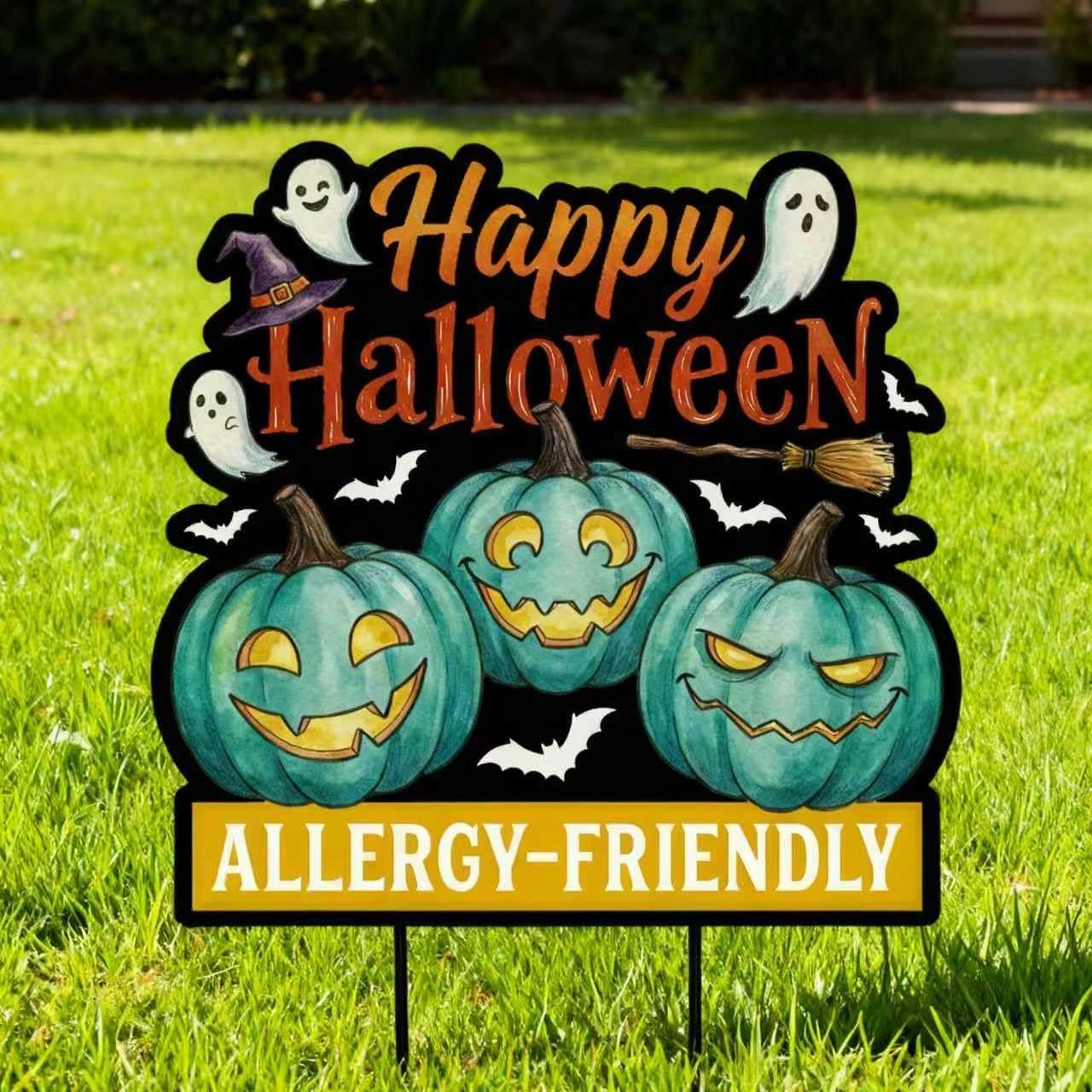 Teal Pumpkin Decorations Outdoor - Metal Teal Pumpkin Yard Stakes Halloween Yard Sign for Home Garden Lawn Decor 25.2×12.2 Inch