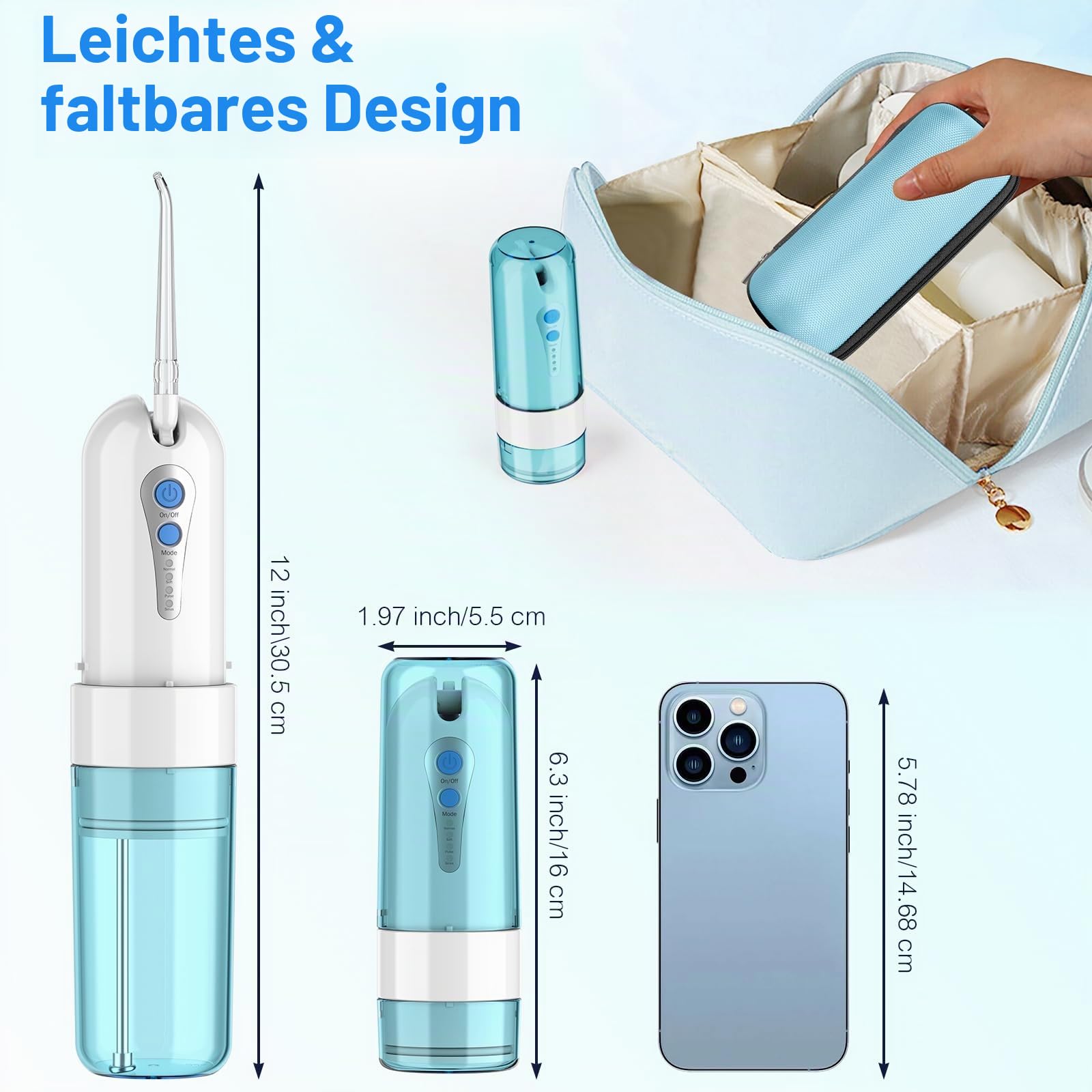 Munddusche Kabellos, Tragbarer Mini-Wasserzahnreinige mit Etui, 4 Modi und 5 um Ersatzdüsen, Elektrische Zahnreinigung, IPX7 Wasserdicht für Zuhause und Reise (Blau/Weiß)