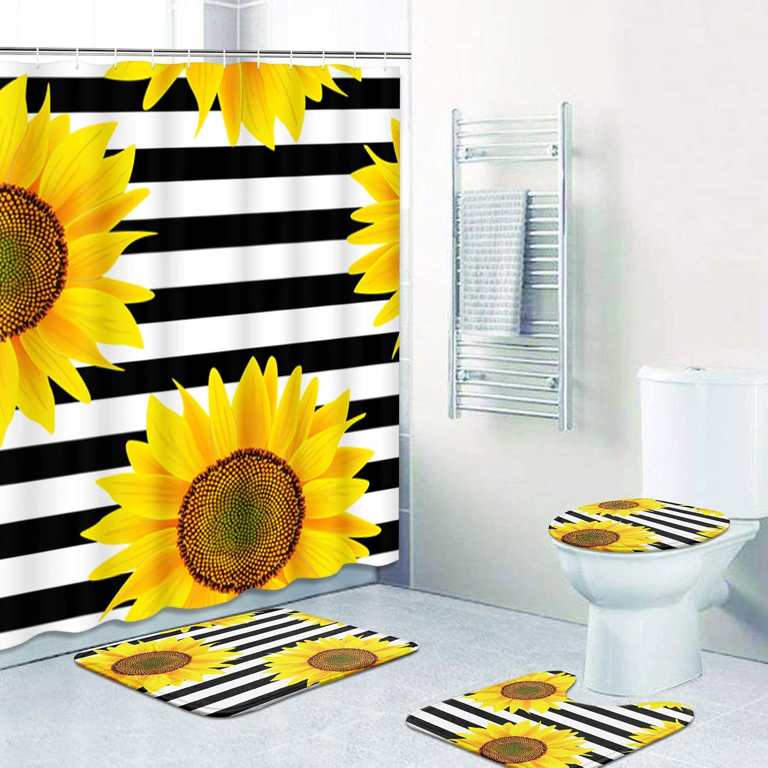 ArtSocket 4 Pcs Shower Curtain Set Sunflowers Striped Black White Flower Yellow Beautiful with Non-Slip Rugs Toilet Lid Cover and Bath Mat Bathroom Decor Set 72" x 72"