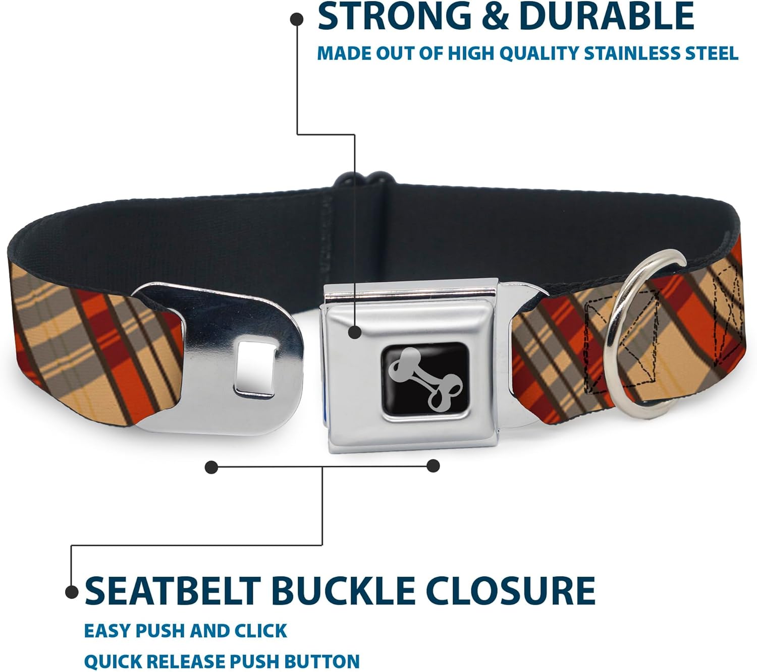 Dog Collar Seatbelt Buckle Americana Plaid X 11 to 17 Inches 1.0 Inch Wide