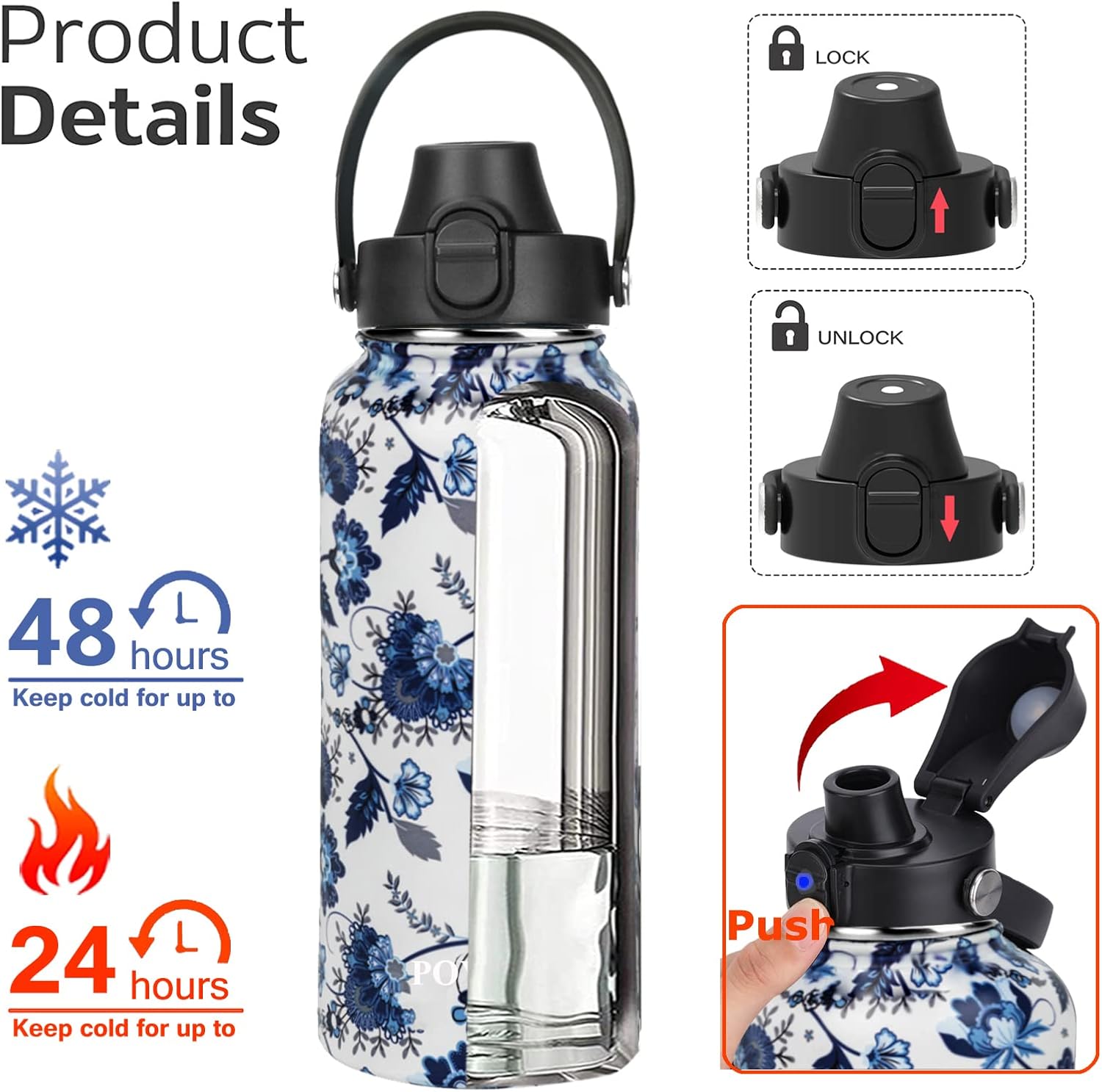 Water Bottle Insulated 32oz 40oz 64oz 128oz Straw Lid Spout Lid & 3 Lids, Leak Proof, Vacuum Insulated,Stainless Steel Water Bottle Wide Mouth for Sports, Gym or Office - Image 2