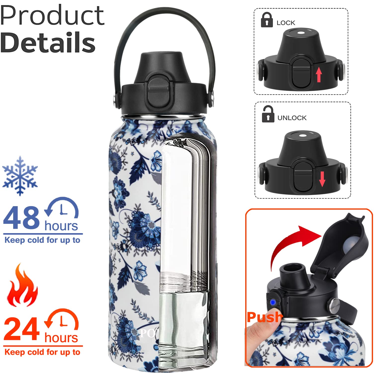 Butelka na wodę – 950 ml, 1200 ml, 1800 ml, 3,7 l – pokrywka z dzióbkiem na słomkę i 3 pokrywki, szczelna, izolowana – butelka na wodę ze stali nierdzewnej z szerokim otworem do uprawiania sportu