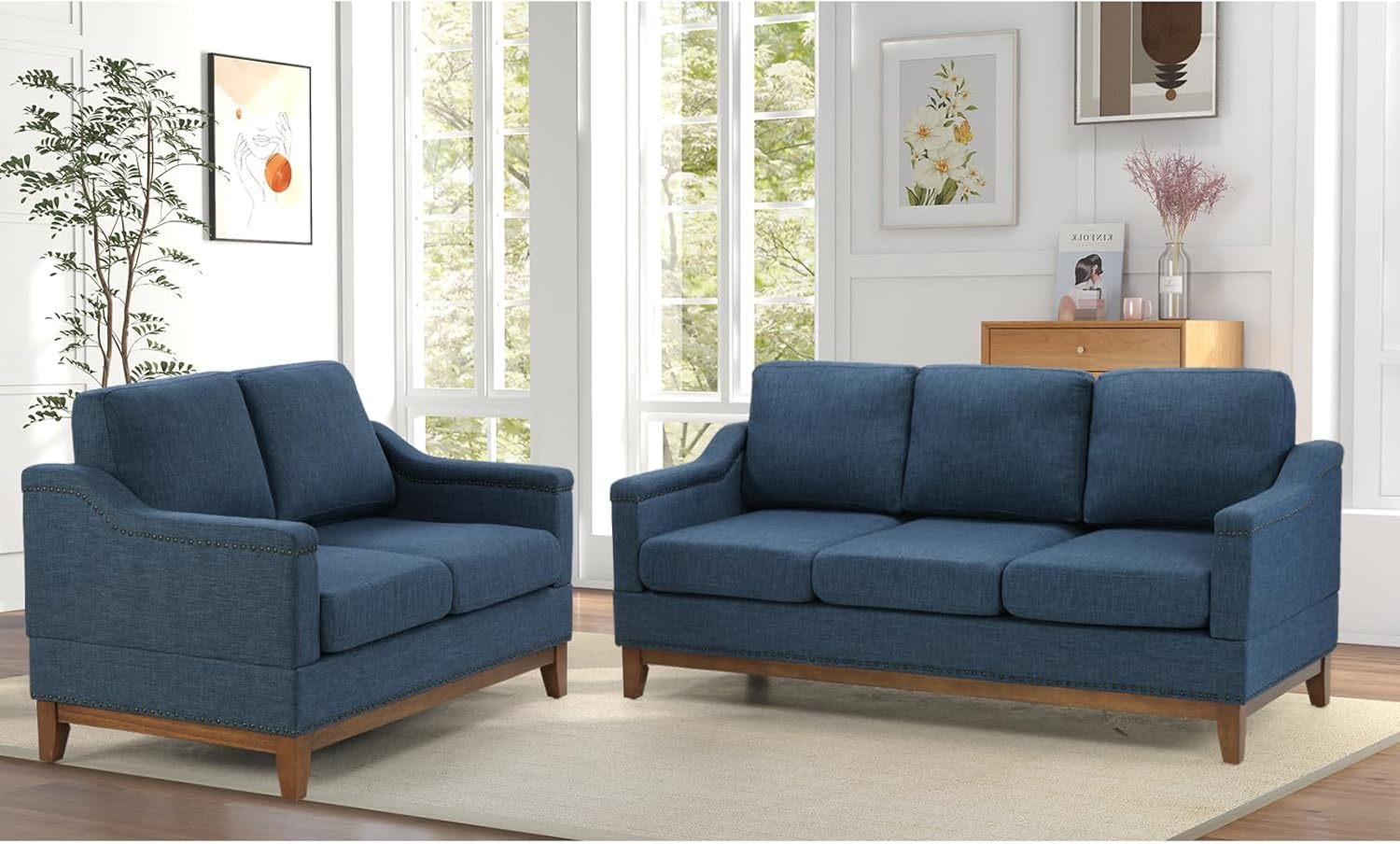 EBELLO Sectional Sofa Set, Mid Century Modern Couch, 5 Seater Sofa Furniture Set with Vintage Rivet Design, Wooden Legs and Padded Backrest, for Living Room, Meeting Room, Blue