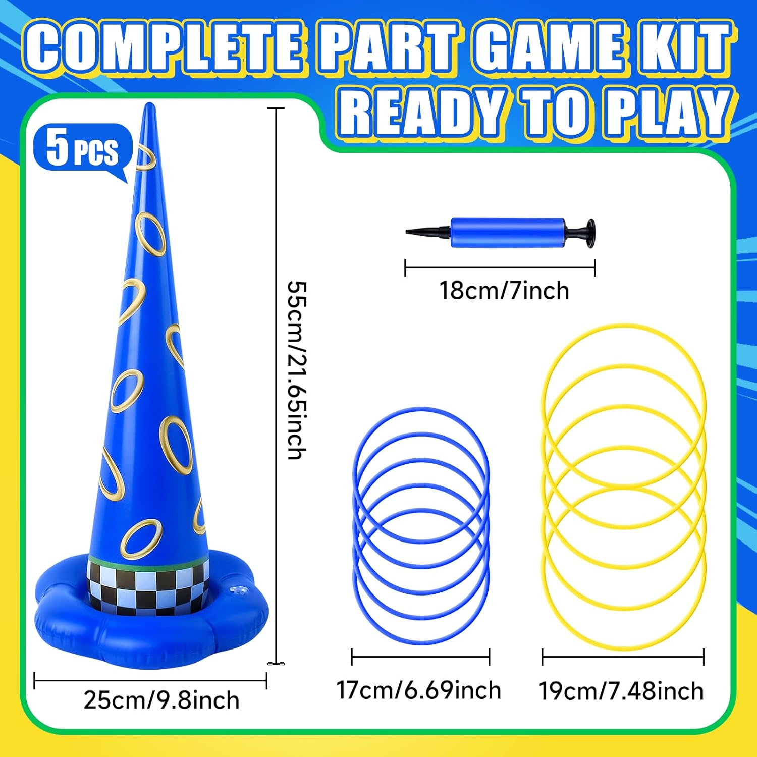 5 Pack Inflatable Ring Toss Game - Blue with Gold Ring Birthday Party Games with 10 Plastic Rings & Pump, Indoor Outdoor Carnival Toss Toy for Kids Party Favors
