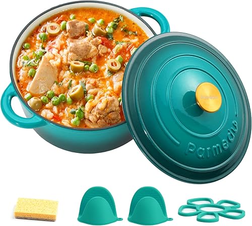 Parmedu Horno holandés de hierro fundido esmaltado, olla de 5.5 cuartos de galón con tapa, mango doble, utensilios de cocina resistentes para