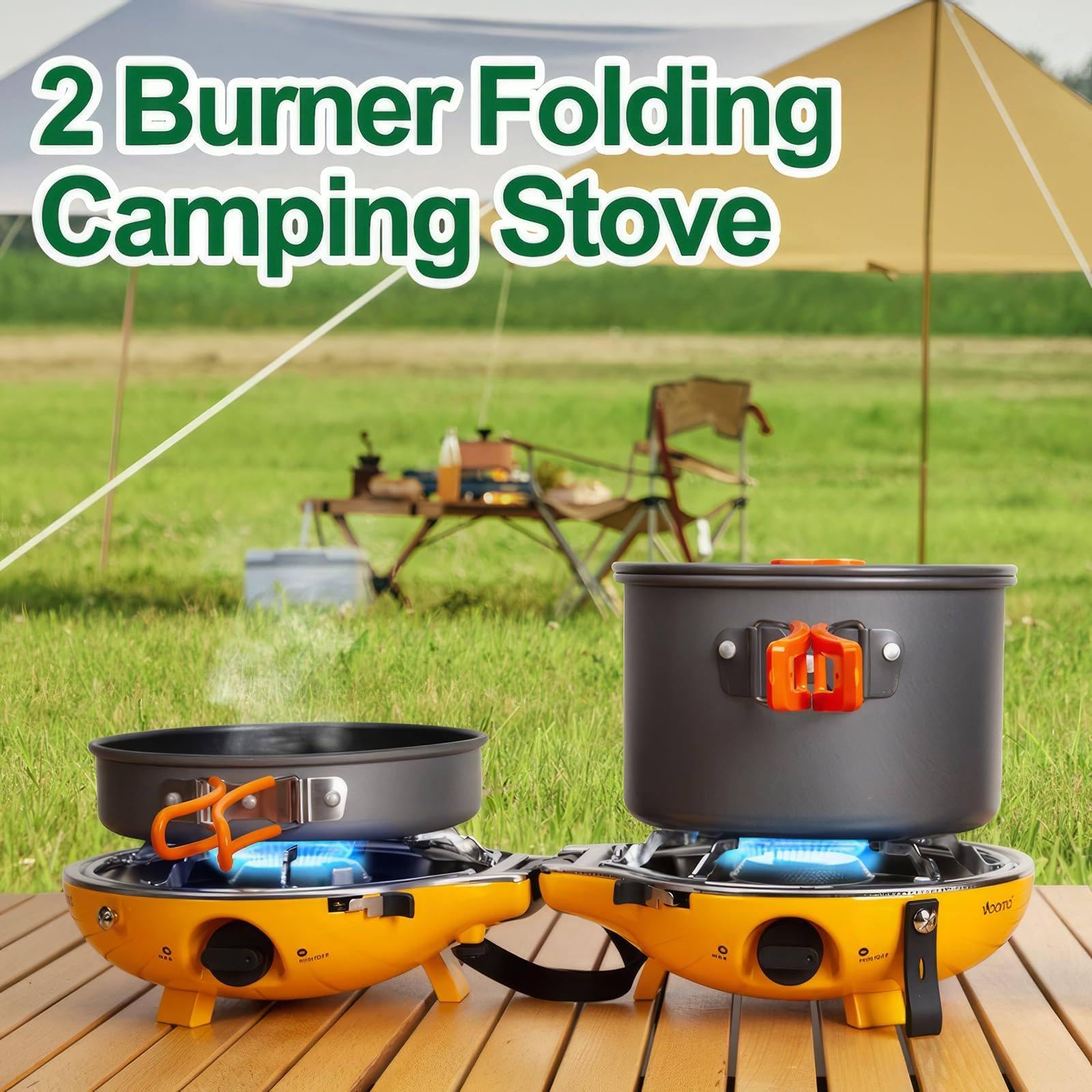 Estufa de camping portátil de gas de 17000 BTU con 2 quemadores ajustables e encendido piezoeléctrico, cocina al aire libre para senderismo, senderismo, picnic, fácil de usar, diseño ligero