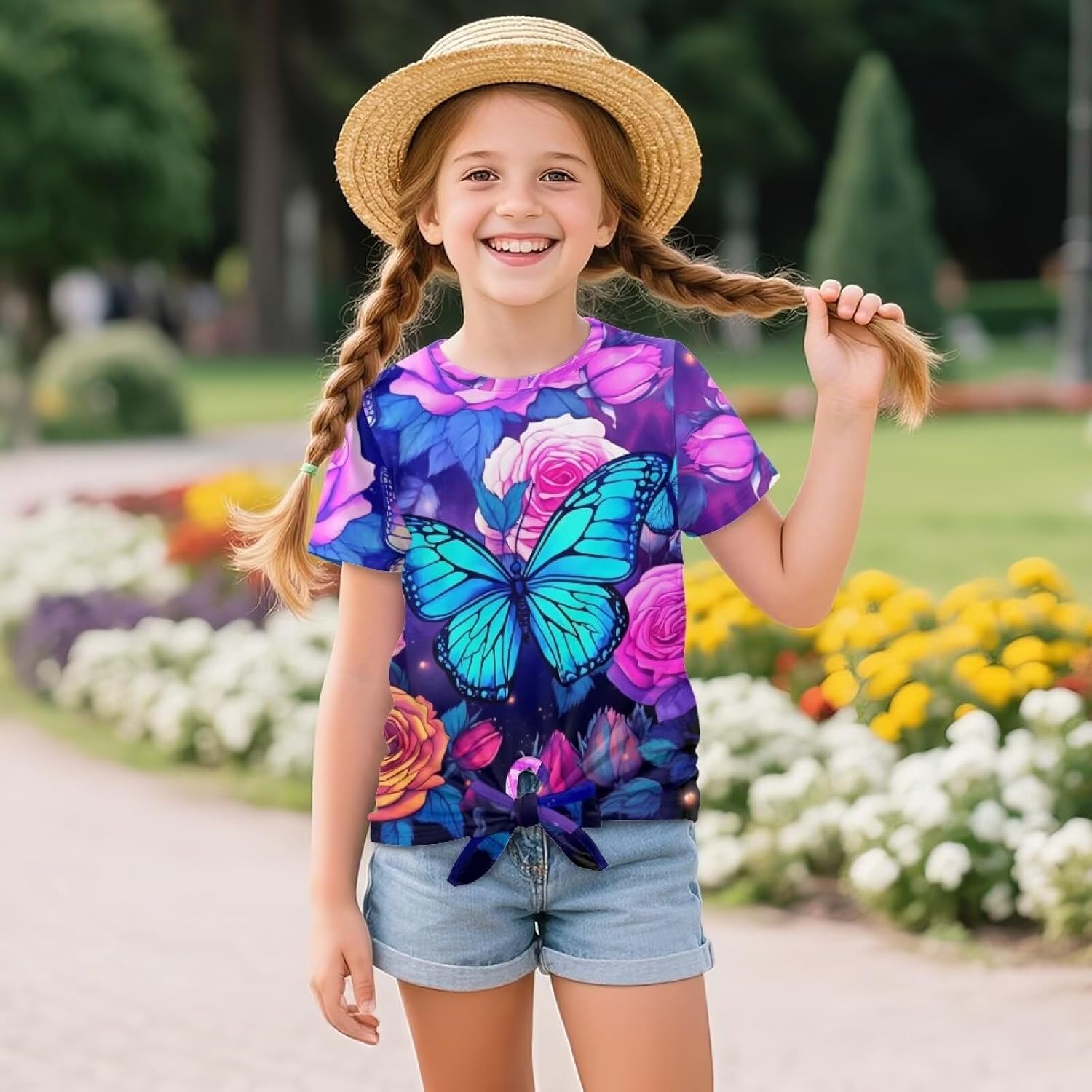 Upetstory Girls T-Shirts Short Sleeve Tie Front Top Tee Tops