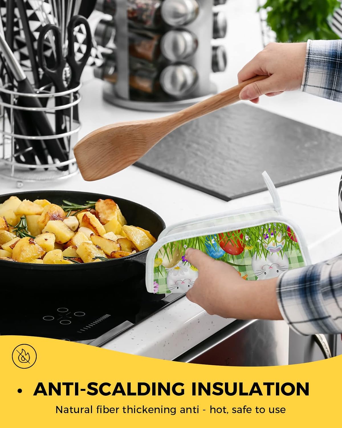 Easter Bunnys (イースターバニーズ) キッチン用ポットホルダー 春のイースターエッグ ラビット グリーン 格子縞 鍋つ