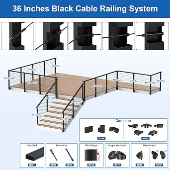 36 Black Side Mount Cable Railing Post(Post 44x2x2), T-Drilled Fixed Top Inside Corner Post, Stainless Steel Black Fascia Mount Inner Corner Post Indoor Outdoor, MY09-C