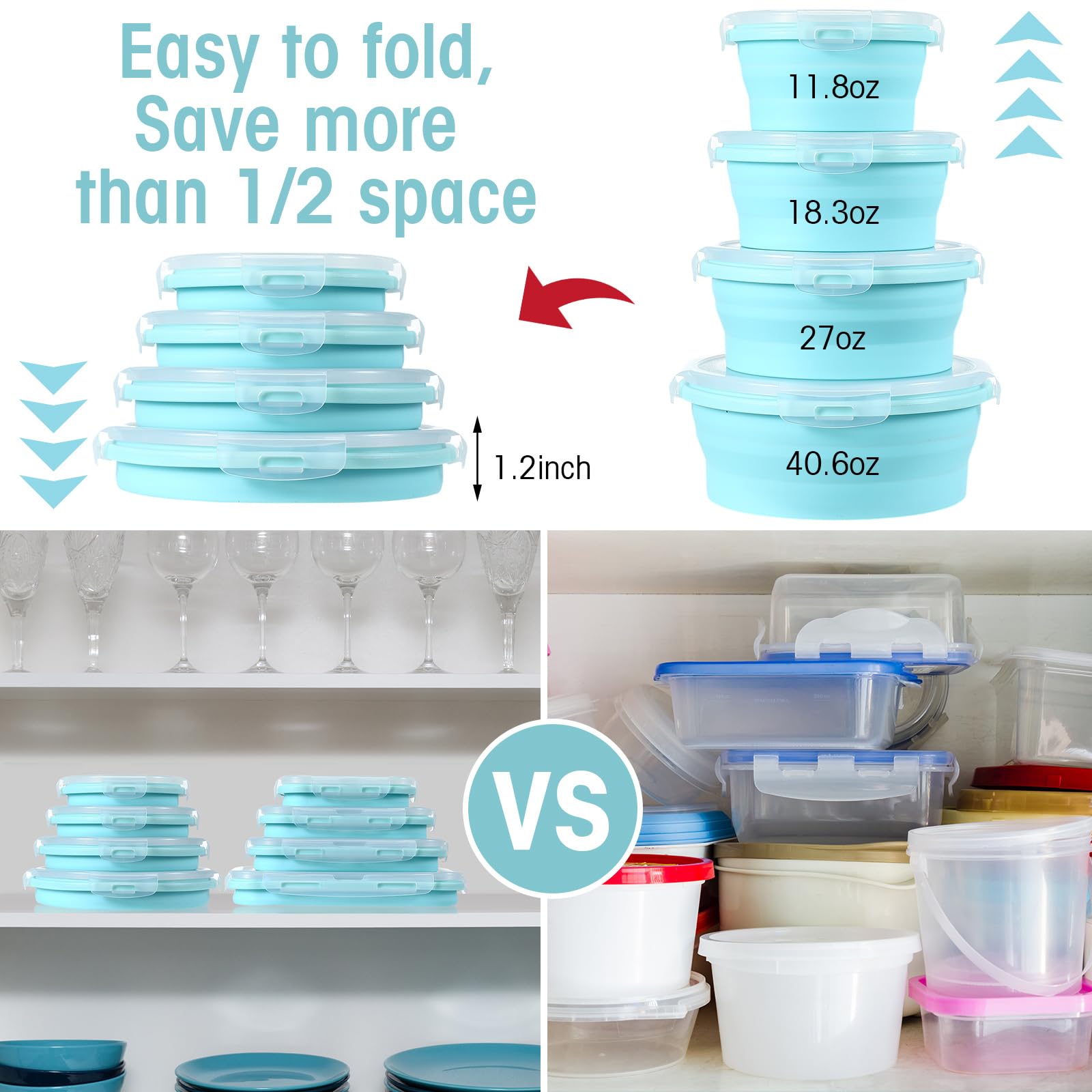 Yaomiao Lot de 16 récipients alimentaires pliables en silicone avec couvercles, 8 bols rectangulaires et 8 bols ronds, passent au micro-ondes, au congélateur et au lave-vaisselle (bleu)