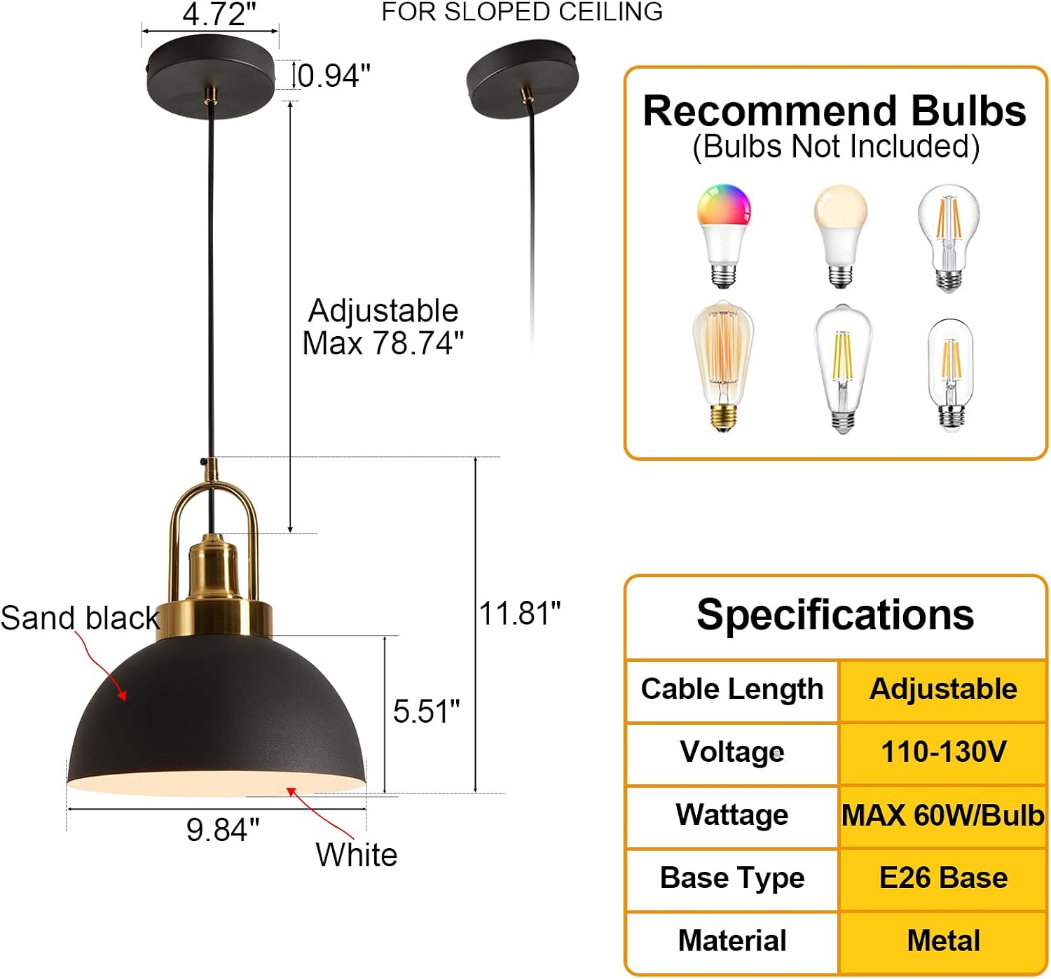 Vintage Industrial Pendant Light, Black and White 9.84 "Dome, Chandelier.78.74" line - Perfect for Kitchen Islands, Dining Rooms, hallways