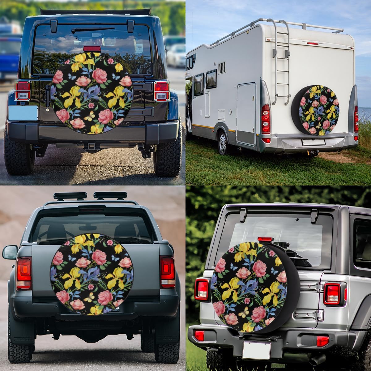 Rose Butterfly Tire Covers Portable Spare Tire Cover Soft Durable Waterproof Dustproof Set of 4 Bags 16 Inches for Car Truck SUV Trailer Camper