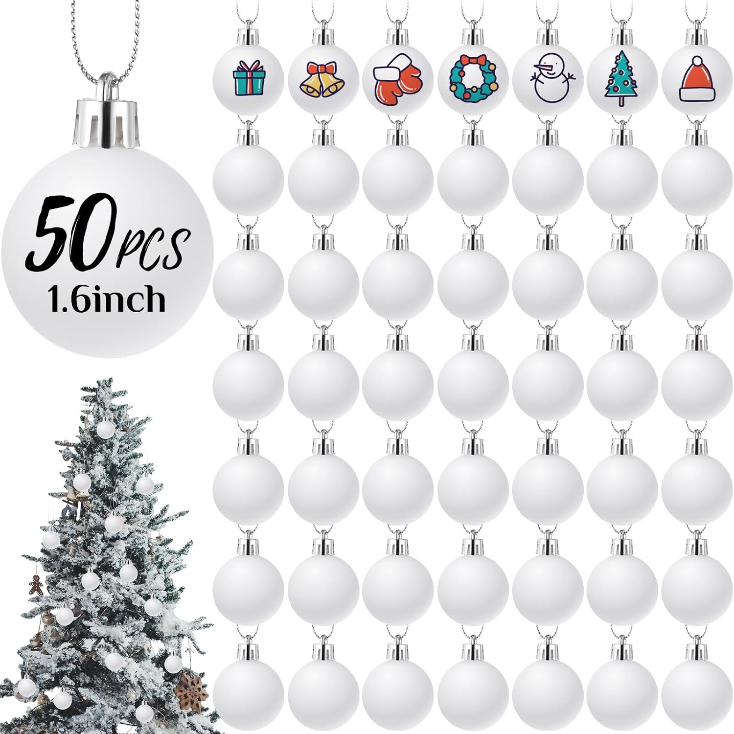 Zubebe 50 Pcs White Christmas Ball Ornaments Matte Plastic Tree,1.6 Inch | 1.6 Inch Diameter Balls, DIY Paintable Surface for Crafts, Metal Hooks Included, Ideal for Holiday Parties and Xmas Decor