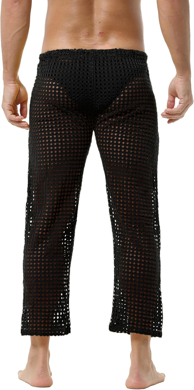 DTODWW Mens Mesh Pants Fishnet Long Pants See Through Pajamas Bottoms Drawstring Pajamas Bottoms Swimming Wear - Image 4