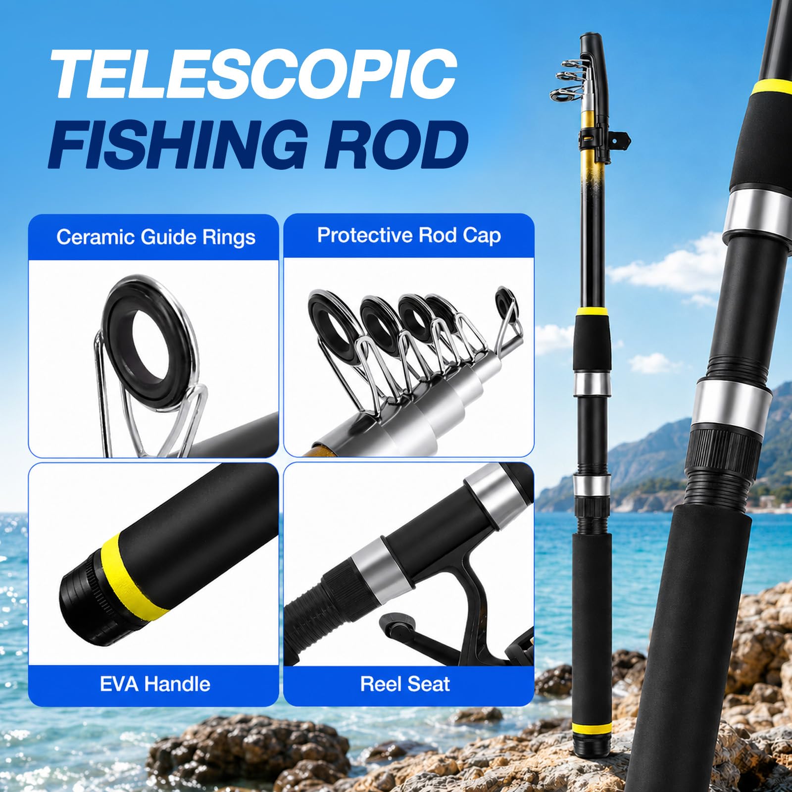 Juego de pesca para niños, 3 unidades de 1,8 m con caña de pescar telescópica de fibra de carbono, carrete giratorio 5.2:1, cebo y bolsa de transporte, juego completo para principiantes para niños y
