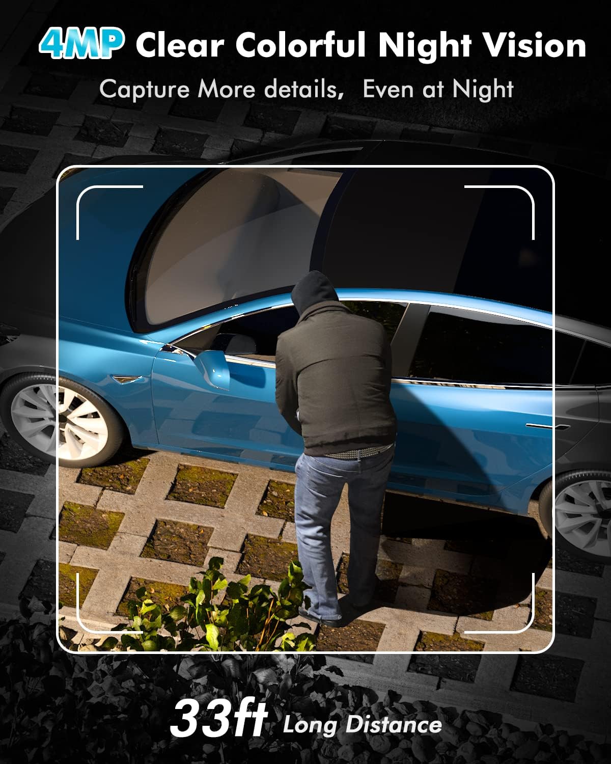 A person attempting to open a car door at night, captured by the YESKAMO camera with clear colorful night vision, showing details even in darkness.