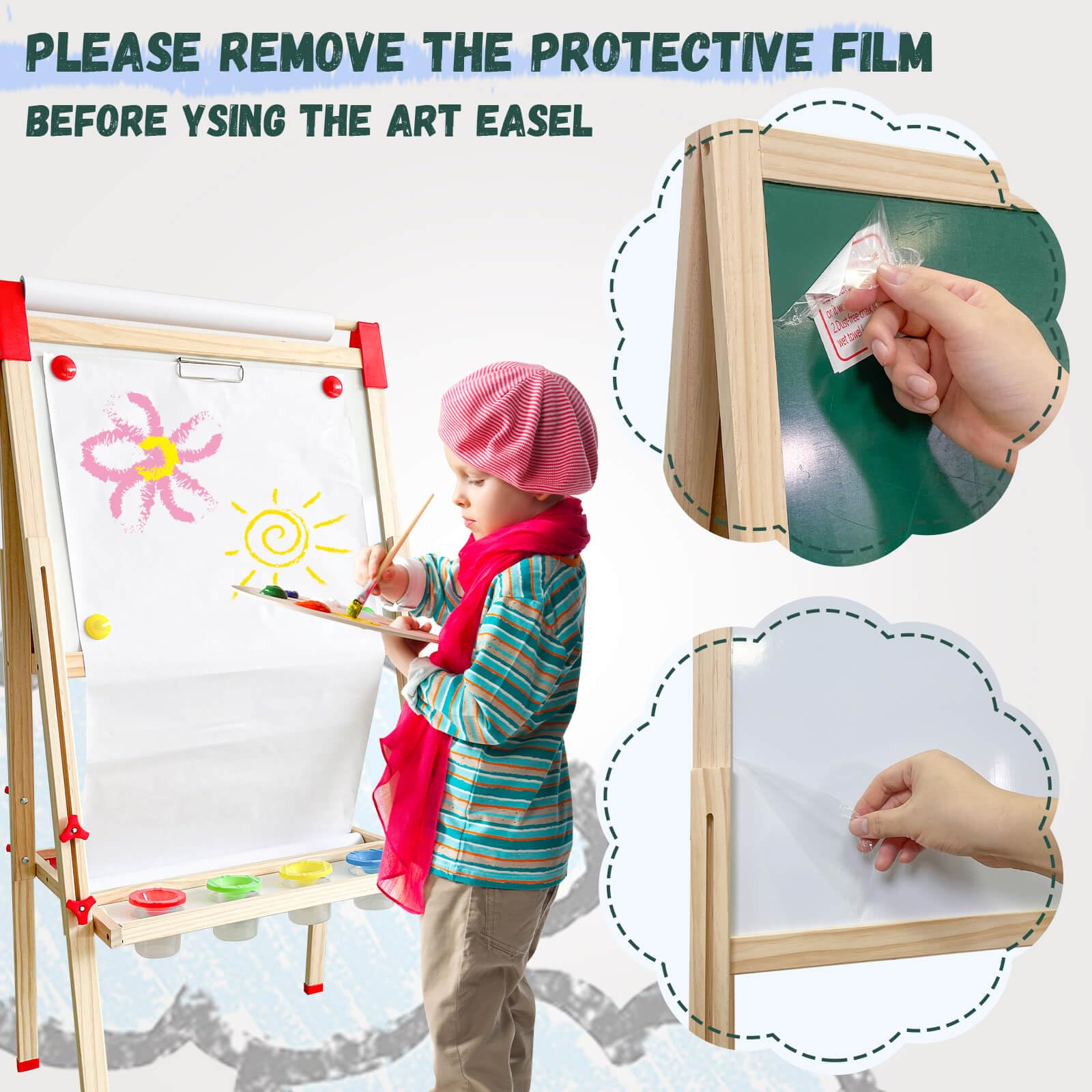 Caballete para niños, caballete de arte de madera ajustable para niños, más de 114 suministros de arte, pizarra magnética de doble cara y pizarra blanca para niños, dibujo y pintura para niños de 2 a 6