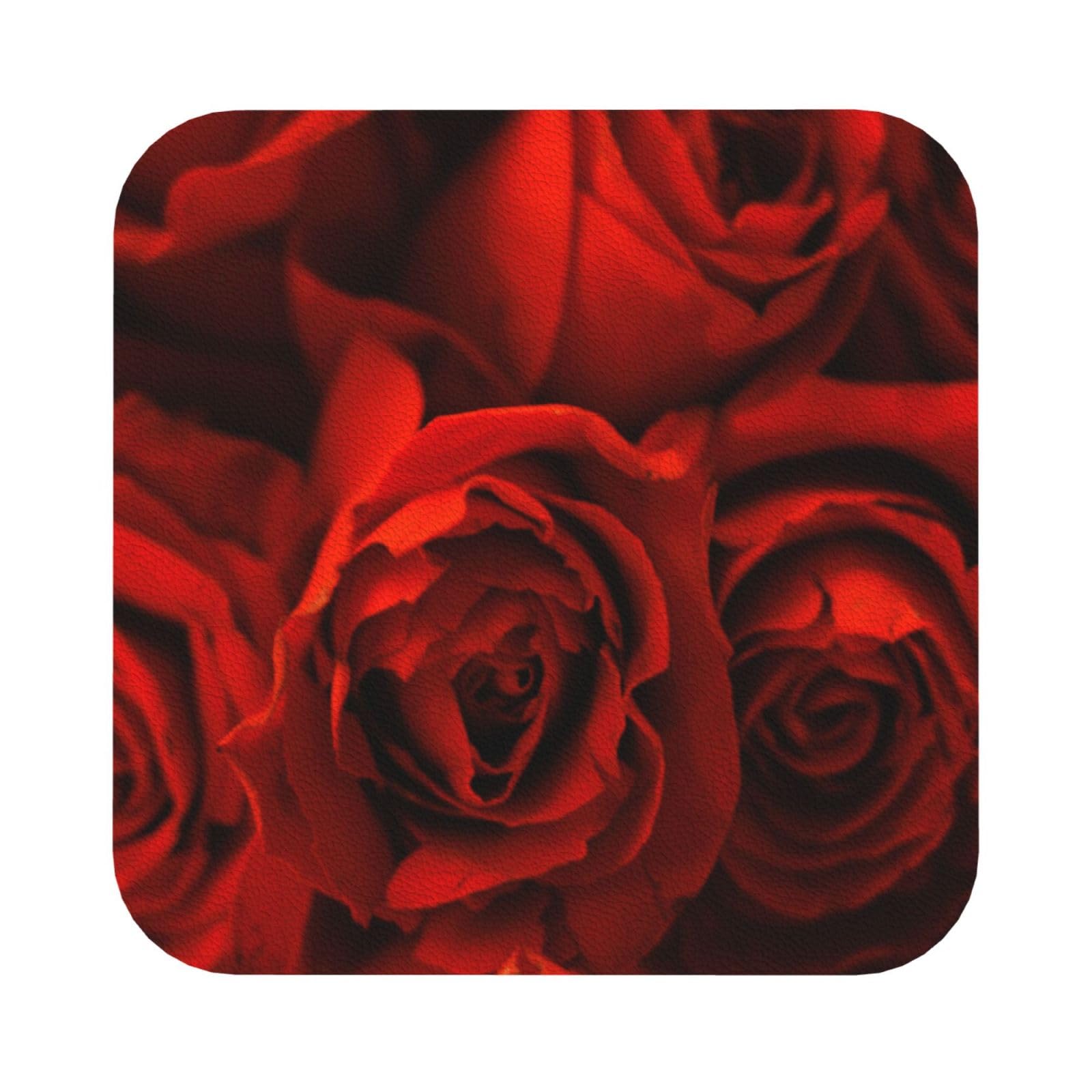 red rose PU Leather Coasters Set of 6 Square Drink Coasters