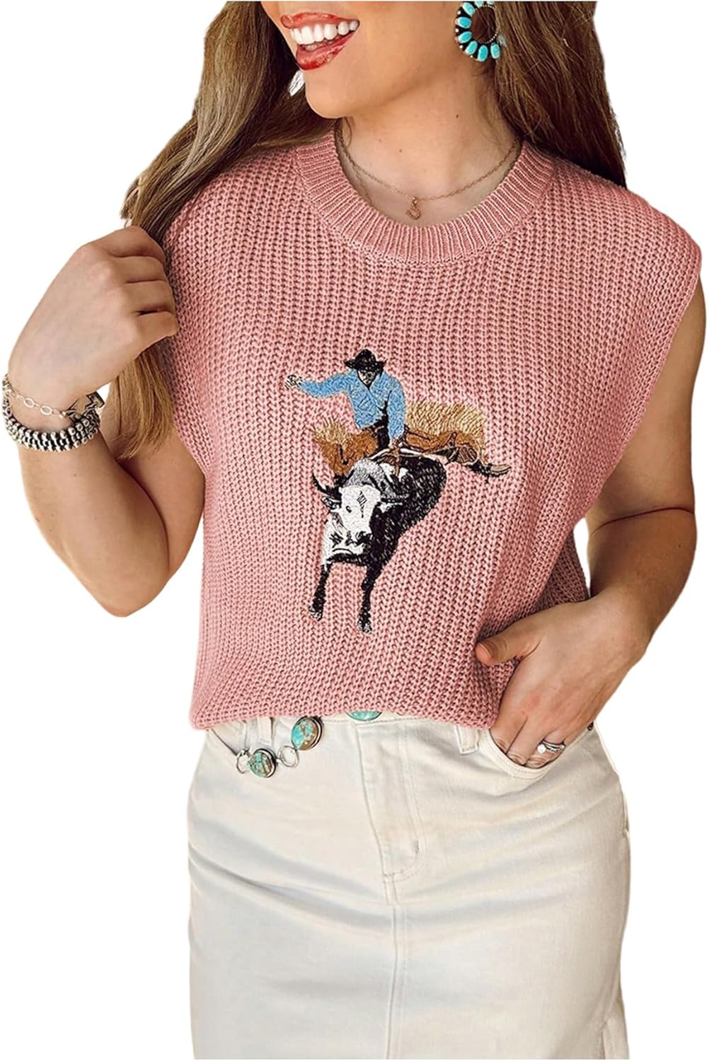 WDIRARA Women's Western Cowboy Embroidered Sweater Vest Crew Neck Cap Sleeve Pullovers Ribbed Knitwear