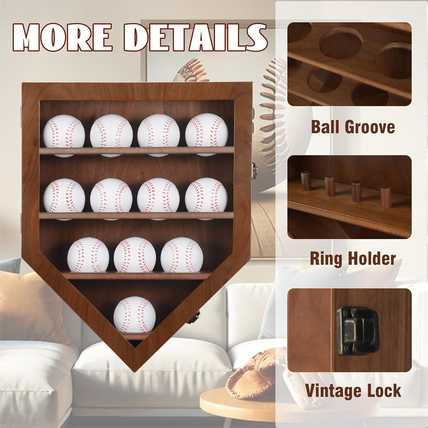 12-in-1 Baseball Display Case, Wooden Rack for Wall Mount, Collection Shelf for Balls & Rings, Walnut