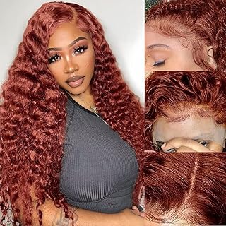 Reddish Brown Lace Front Wigs Human Hair Deep Wave Wig 180% Density 13X4 HD Lace Frontal Wigs Human Hair Copper Red Colored Human Hair Wigs Red Brown Curly Glueless Wigs Human Hair Pre Plucked for Black Women Virgin Brazilian Human Hair Wig Auburn Red Colored Wig