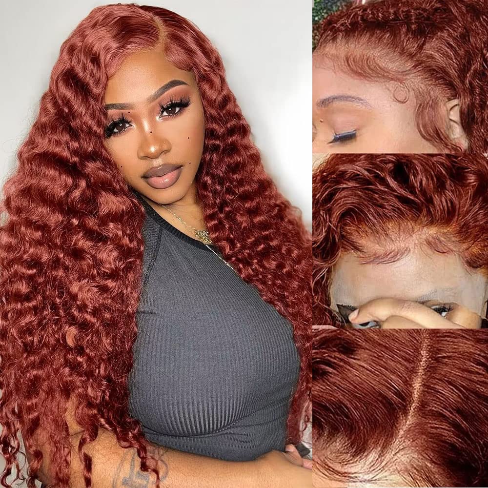 Siyun Show 13×4 Reddish Brown Deep Wave Lace Front Wigs Human Hair Wigs for Black Women 24 Inch Copper Red Deep Curly Wig Human Hair 180% Density Auburn Colored Wigs With Baby Hair