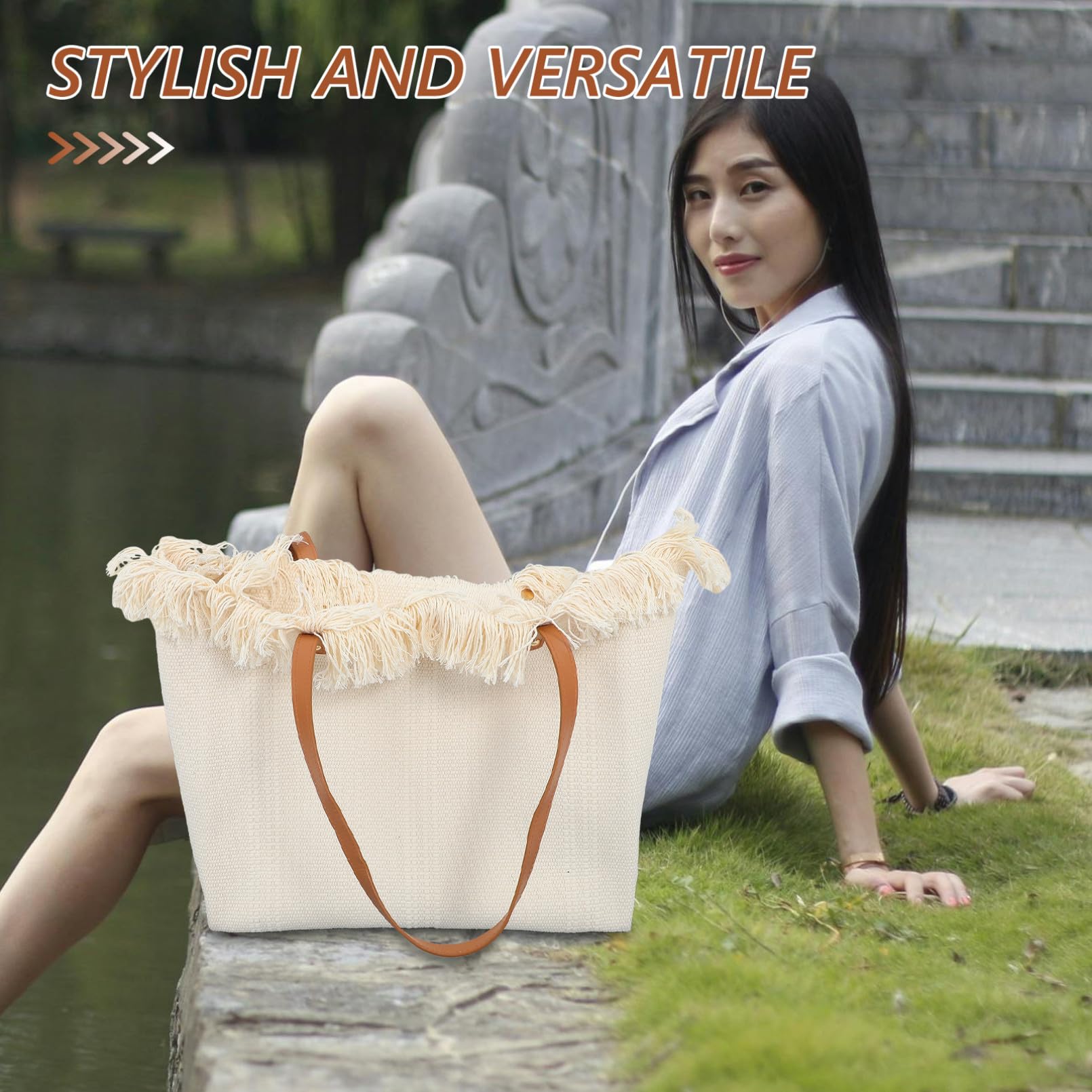 Abaodam Bolso Tote de Lona Informal Grande para Mujer, Beige