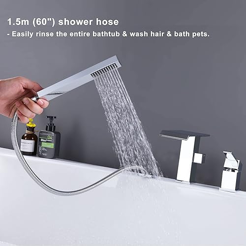 Vista 21 de Grifo de bañera romana en cascada con ducha de mano, grifo de bañera negro mate, 3 agujeros, relleno de bañera generalizado, montaje en cubierta