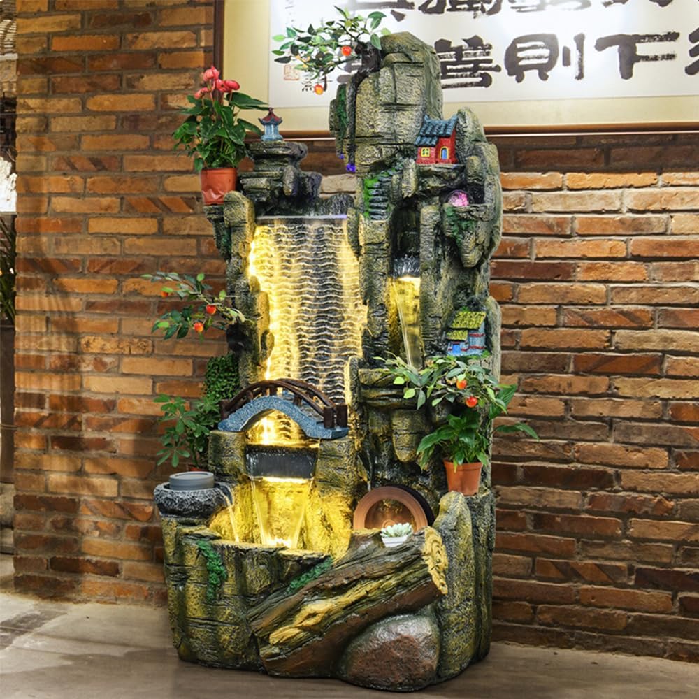 Oriental Rock Waterfall Fountain with LED Lights and Bonsai – Indoor/Outdoor Zen Water Feature for Home, Office, Garden Décor(2355)