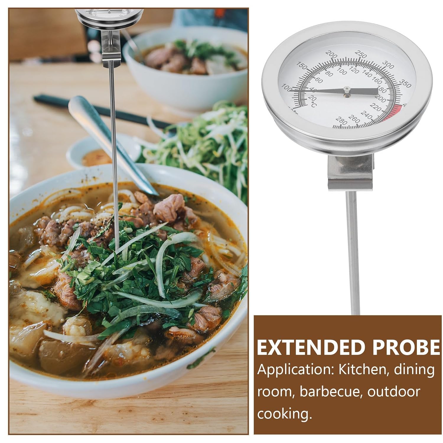Stainless Steel Kitchen Food Thermometer with Long Probe, Silver