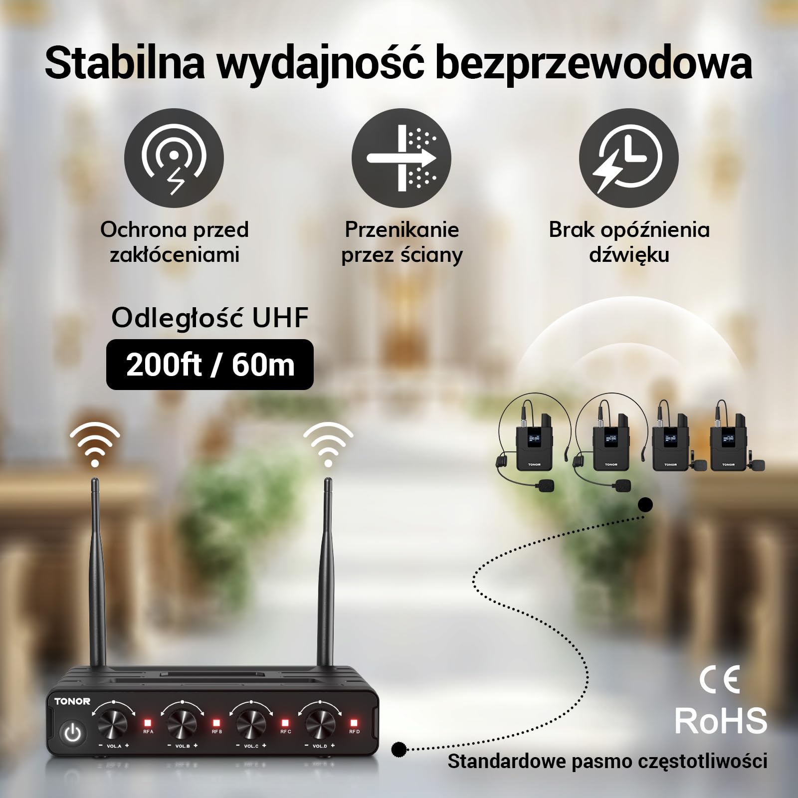 Bezprzewodowy zestaw TONOR UHF z 4 nadajnikami bodypack/zestawem słuchawkowym/mikrofonem typu lavalier, bezprzewodowy mikrofon 4x5 częstotliwości o zasięgu 60 m do wokalnego karaoke, DJ PA, TW364