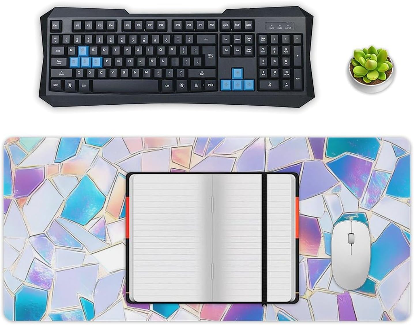 Mosaic Glass Shards Iridescent Desk Mat with Stitched Edge Stylish Large Mouse Pad Home Office Accessory 40x90cm