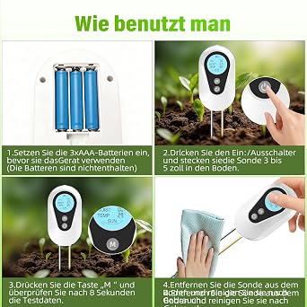 BURMONG 4 in 1 pH Meter Soil Moisture Meter Plants with Moisture/pH/Temperature/Sunlight Moisture Meter Plants for Garden Lawn Greenhouse and Balcony Plants