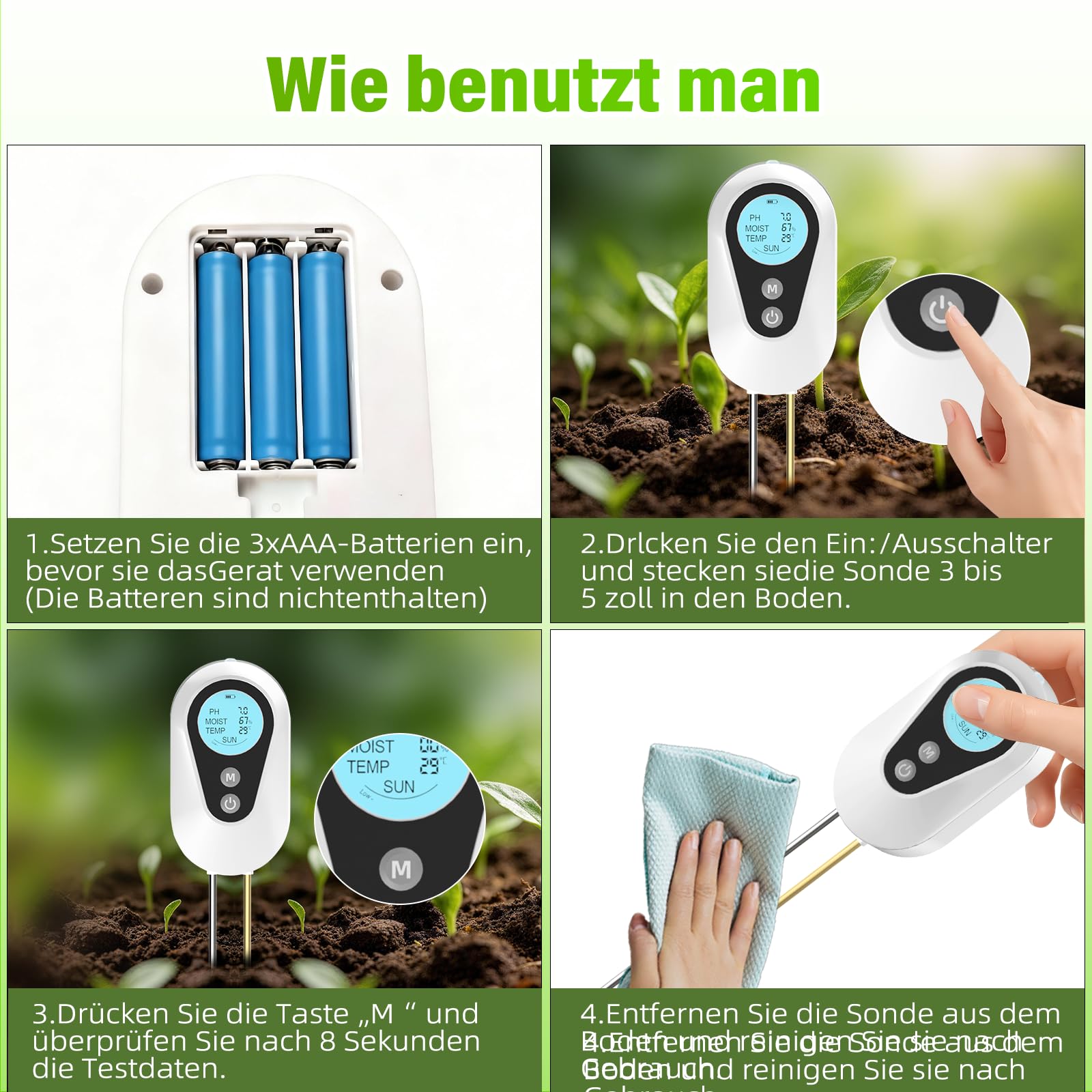 BURMONG Tester wilgotności roślin, 4 w 1, wilgotność roślin z wilgotnością/pH/temperaturą/światłem słonecznym, tester pH gleby do ogrodnictwa, rolnictwa i roślin ogrodowych