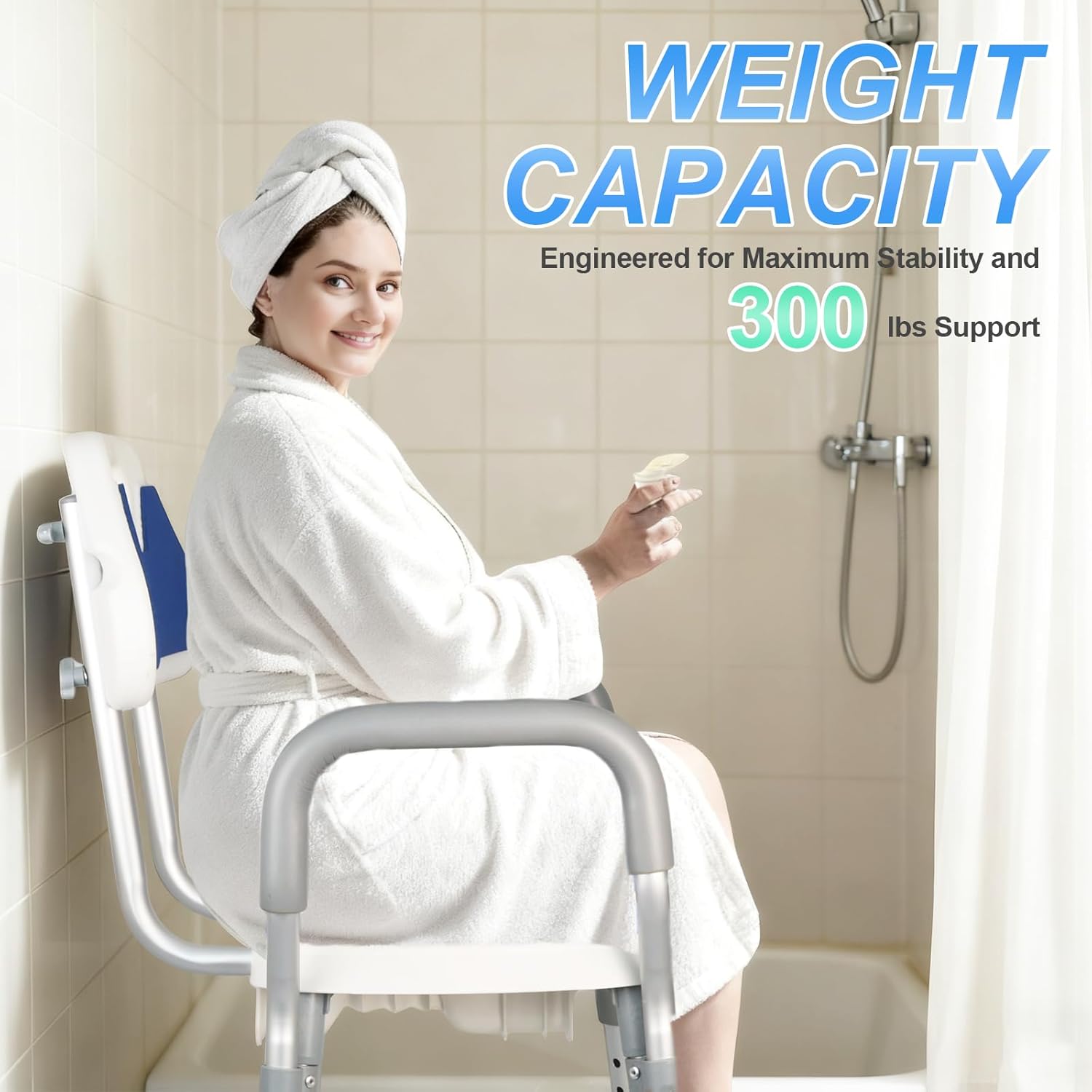Shower Chair for Inside Shower, U-Shaped Heavy Duty Shower Chair for Elderly and Disabled, Bottom Storage Tray, 300Lbs Shower Stool with Arms and Back, Height Adjustable Seat for Bathtub