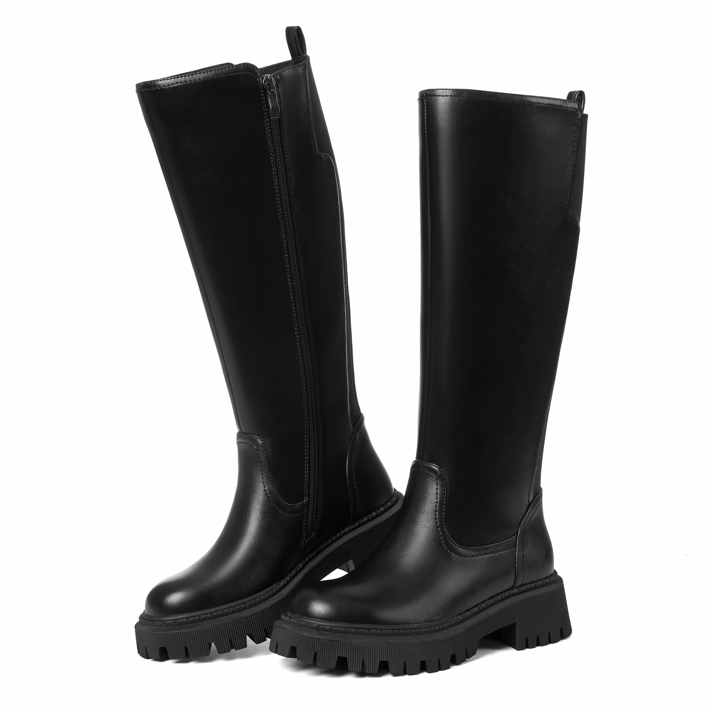 CELNEPHO Wide Calf Knee High Boots Women Round Toe Platform Tall Boots Chunky Low Heel Riding Boots Side Zipper Stretch Boots