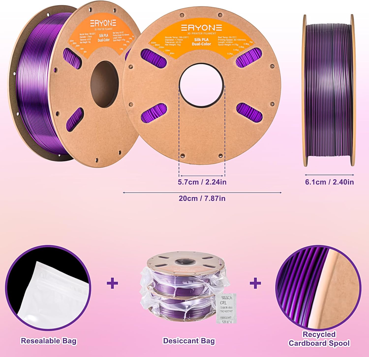ERYONE Silk Dual Color PLA Filament 3D Printer 1.75mm +/- 0.03mm, Bicolor Filament Two Tone PLA Bundle 2KG Cardboard Spool, Black Purple